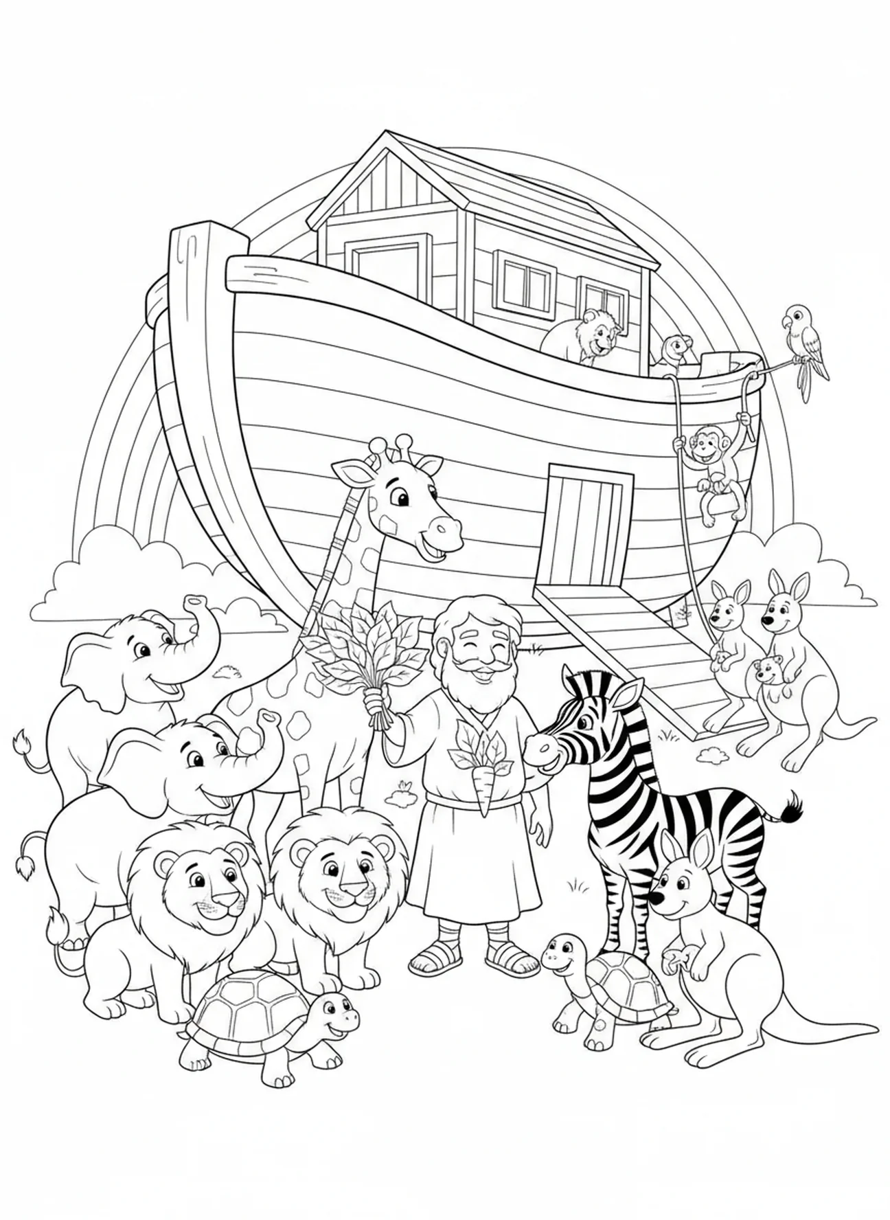 Noach voedt dieren, Psalm 139:13 kleurplaat voor kinderen van 5-10 jaar.