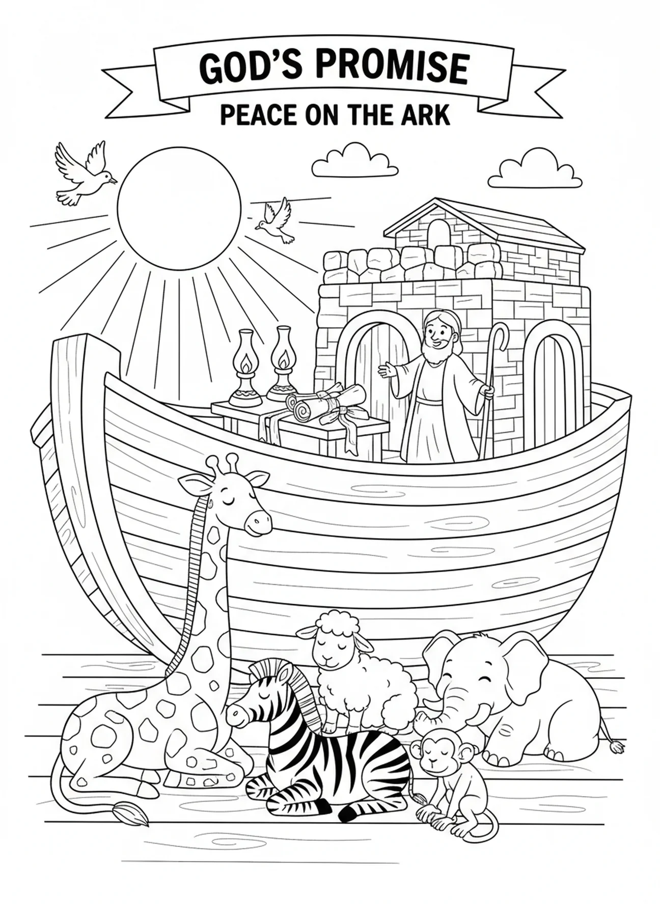 Animais descansando pacificamente na arca, página de colorir Salmo 139:13 para crianças da Escola Dominical de 5 a 12 anos