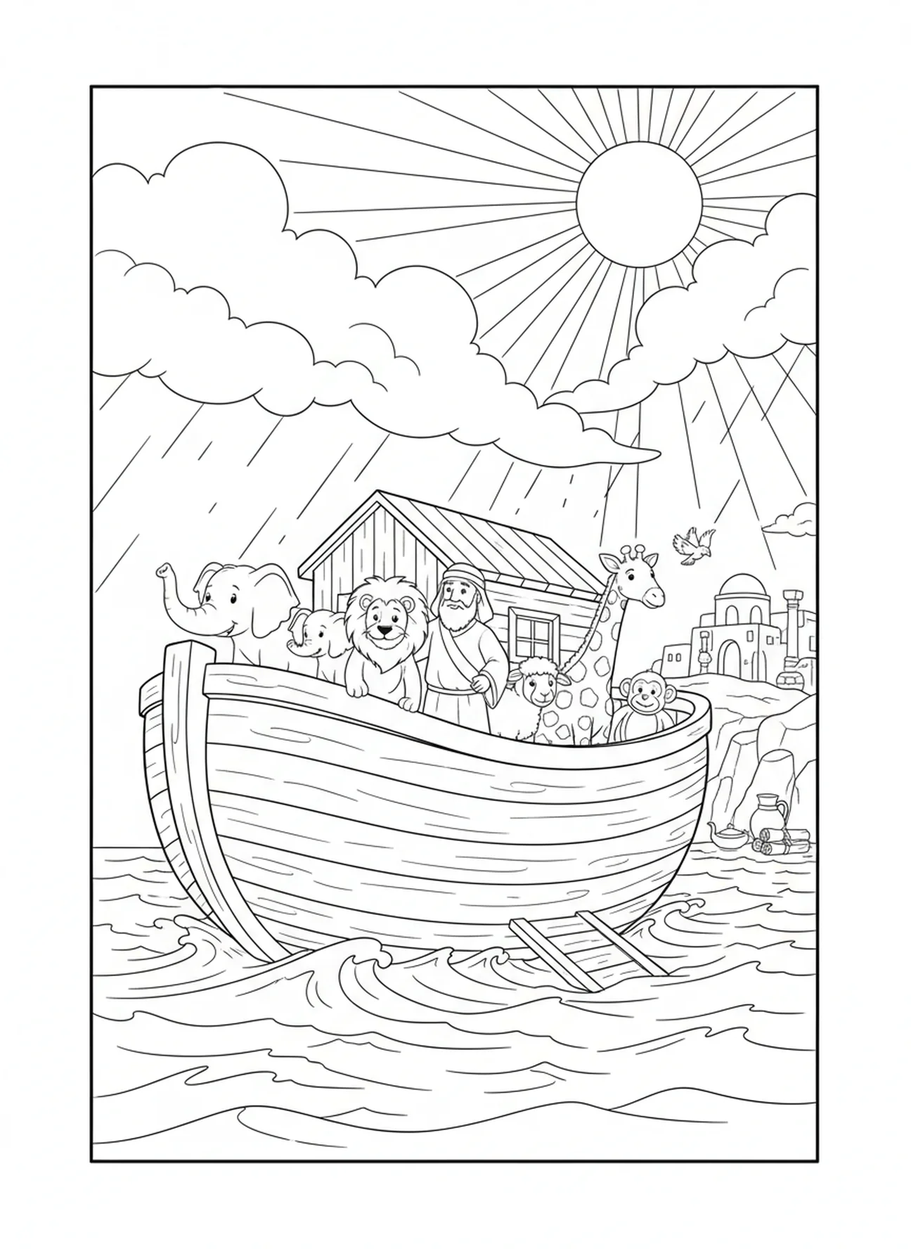 A arca flutuando enquanto as nuvens de tempestade se dissipam, página para colorir Salmo 139:13 para crianças da Escola Dominical de 5 a 12 anos