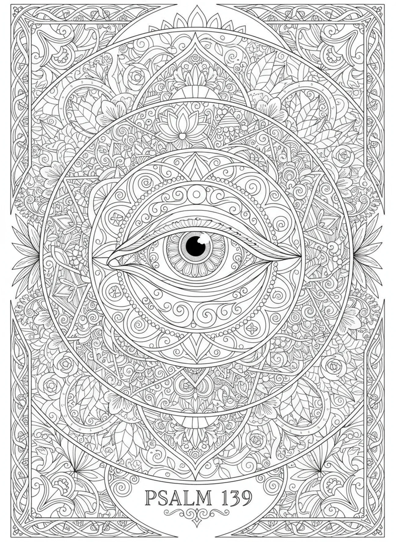 Design symbolique d'œil, page à colorier Psaume 139 Merveilleusement redoutable pour le journal biblique des adultes.