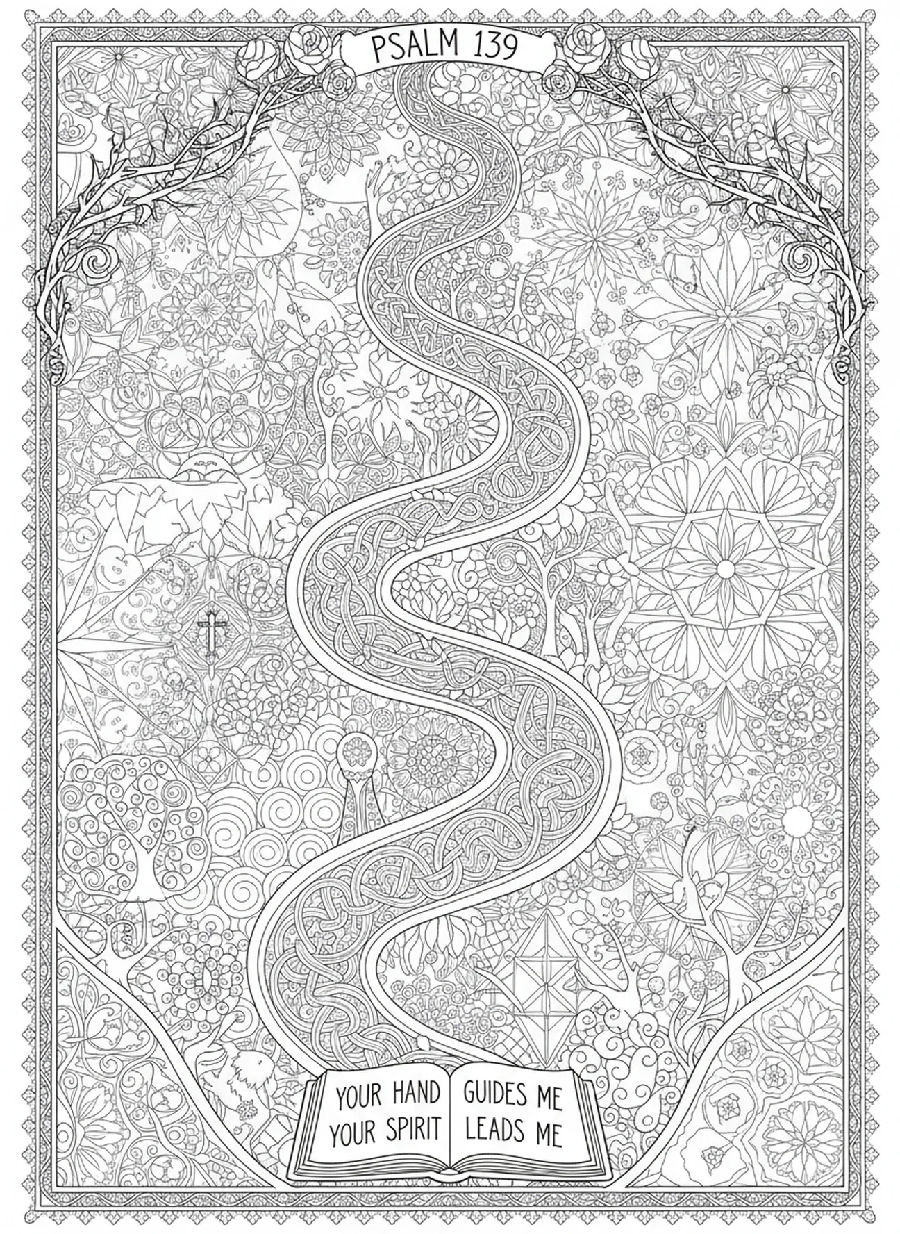 Design de chemin sinueux, page à colorier Psaume 139 Merveilleusement redoutable pour le style de journalisation biblique pour adultes.