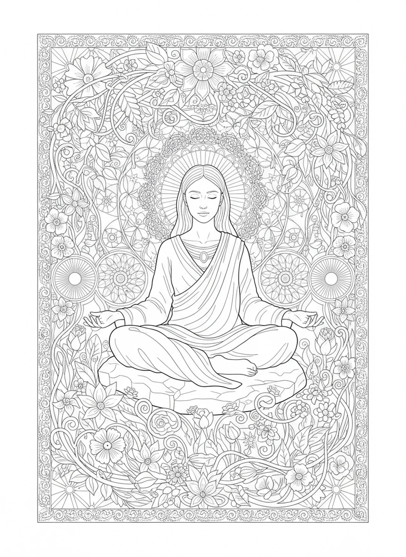 Figure méditative dans la nature, page à colorier Psaume 139 Merveilleusement et avec crainte pour adultes, style de journal biblique.