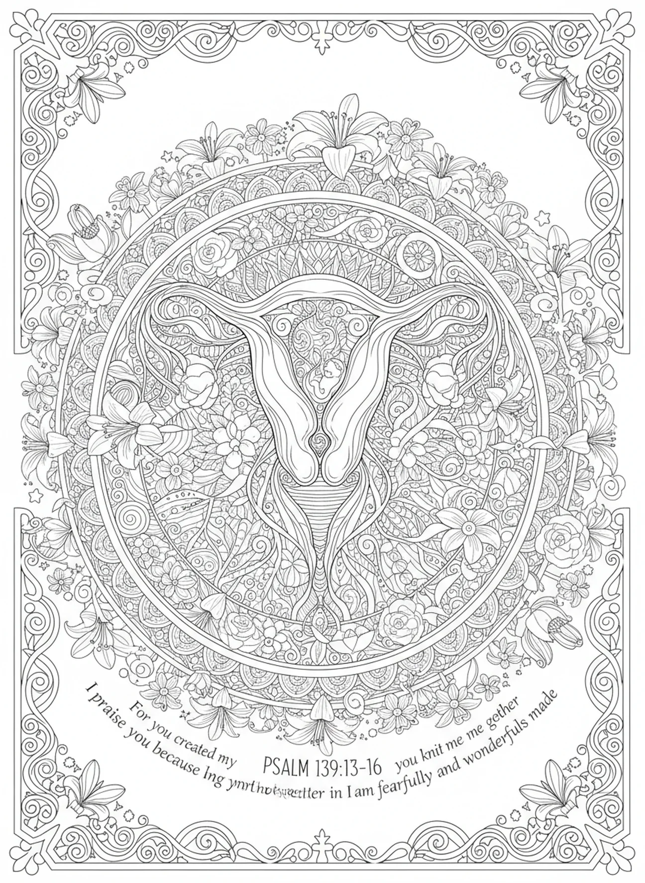 Design complexe d'utérus, page à colorier Psaume 139 Merveilleusement et avec crainte, style de journal biblique pour adultes.