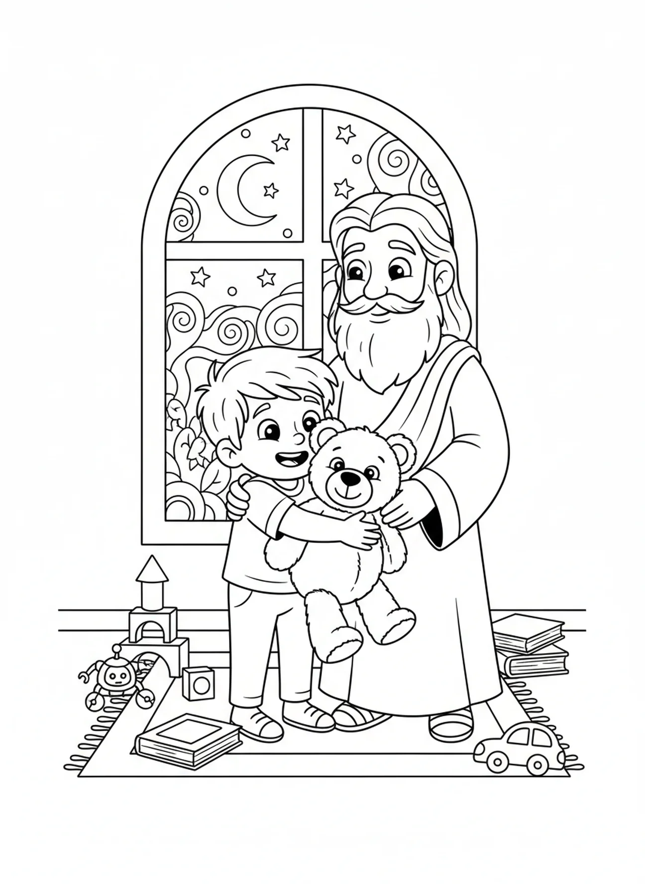 Enfant étreignant un jouet en peluche avec Dieu, page à colorier Psaume 139 Merveilleusement et avec crainte pour les enfants de 5 à 10 ans