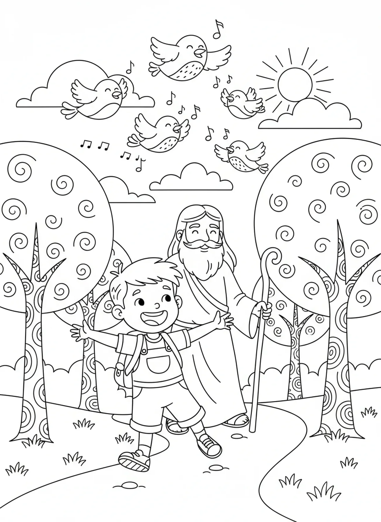 Enfant joyeux sautillant avec Dieu, page à colorier Psaume 139 Merveilleusement redoutable pour les enfants de 5 à 10 ans