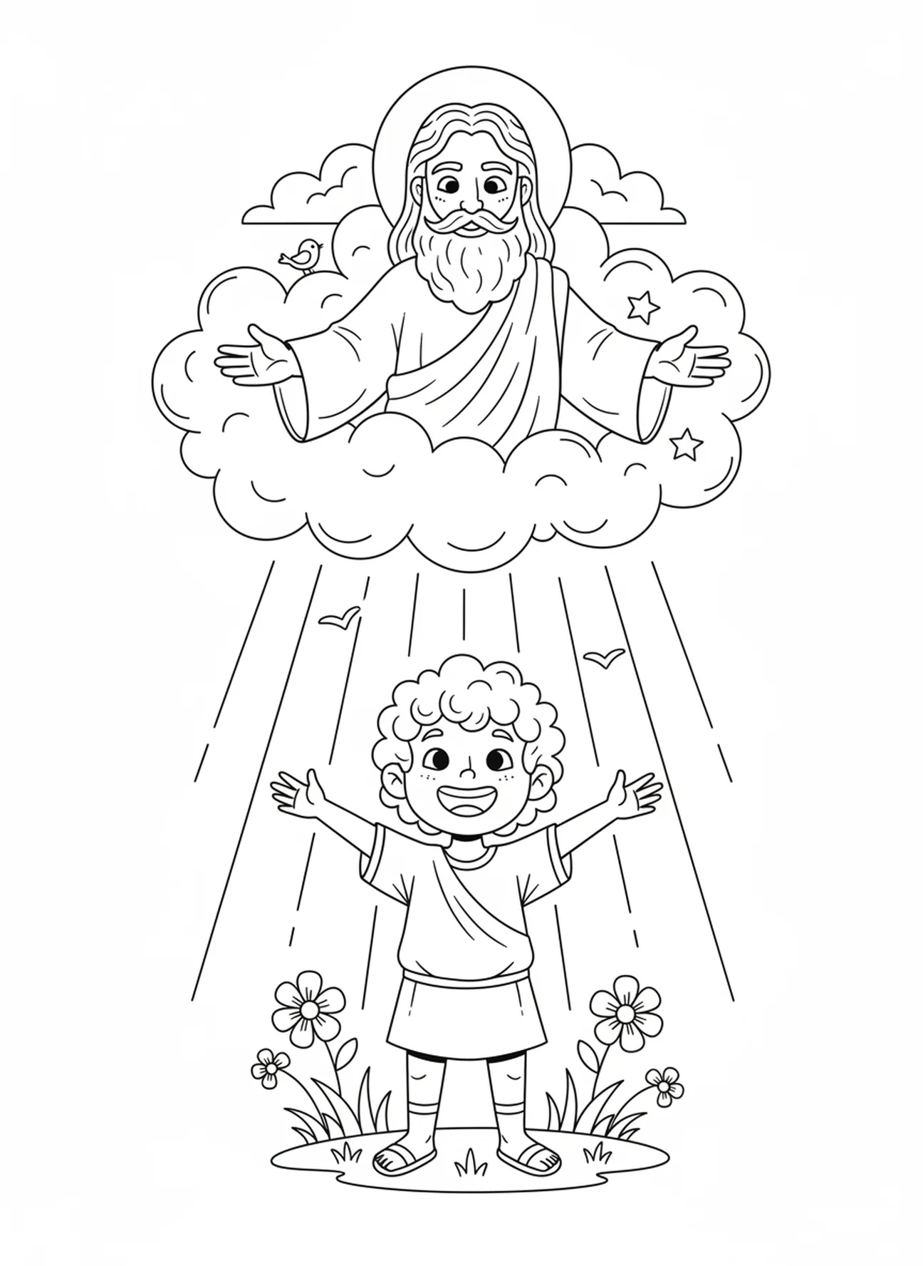 Enfant levant les yeux vers Dieu, page à colorier Psaume 139 Merveilleusement et avec crainte pour les enfants de 5 à 10 ans