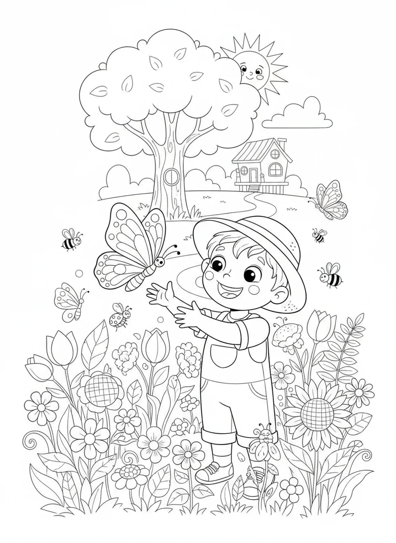Enfant heureux dans un jardin, page à colorier Psaume 139 Merveilleusement redoutable pour les enfants de 5 à 10 ans