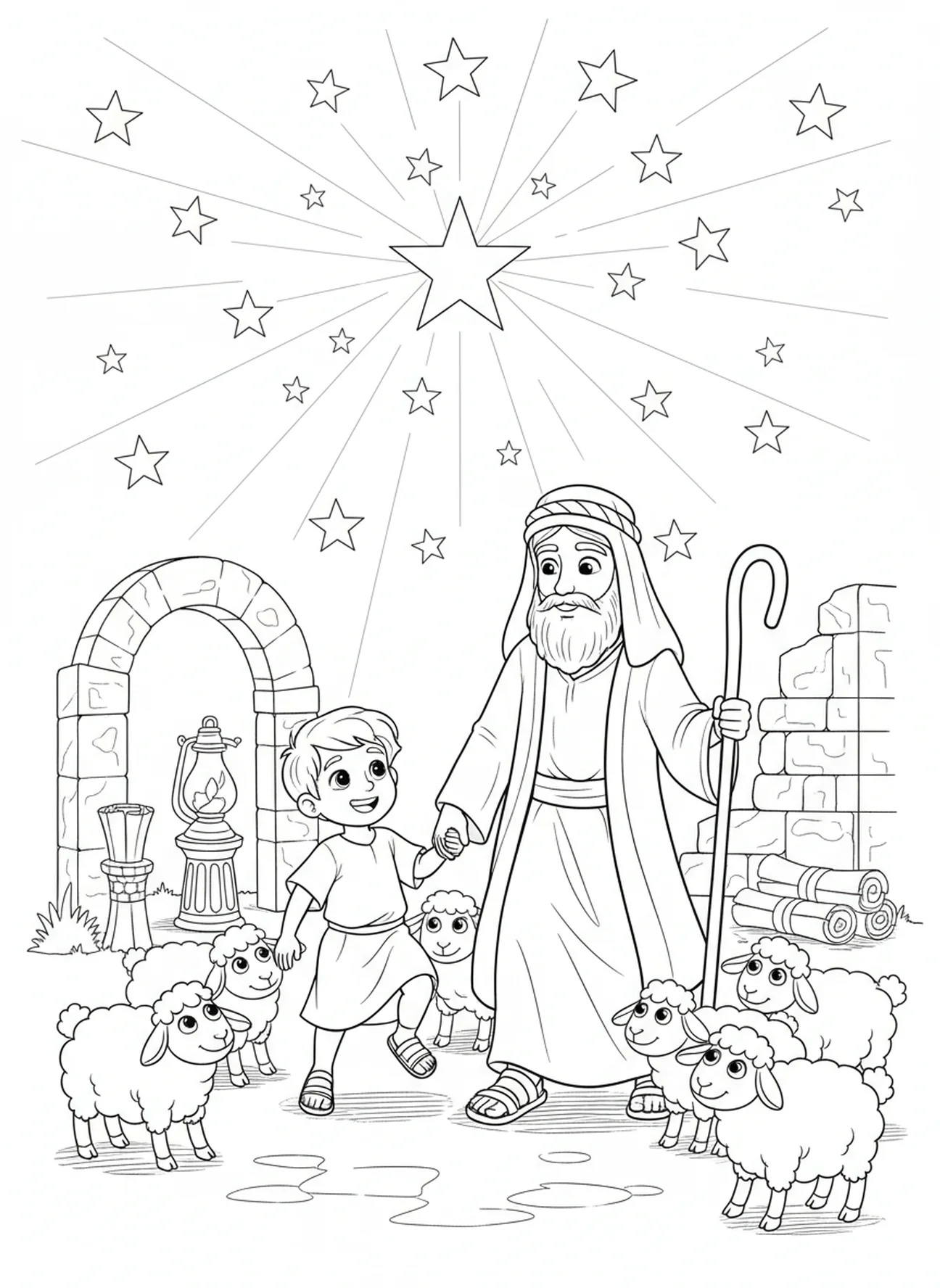 Niño caminando con un pastor, Salmo 139 Maravillosamente Temible página para colorear para niños de Escuela Dominical de 5 a 12 años.