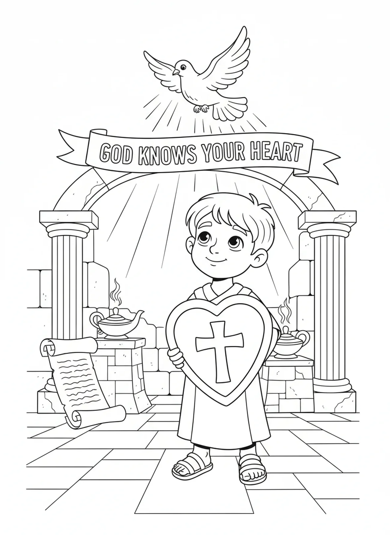 Niño con escudo en forma de corazón, página para colorear Salmo 139 Maravillosamente Hecho para niños de Escuela Dominical de 5 a 12 años.