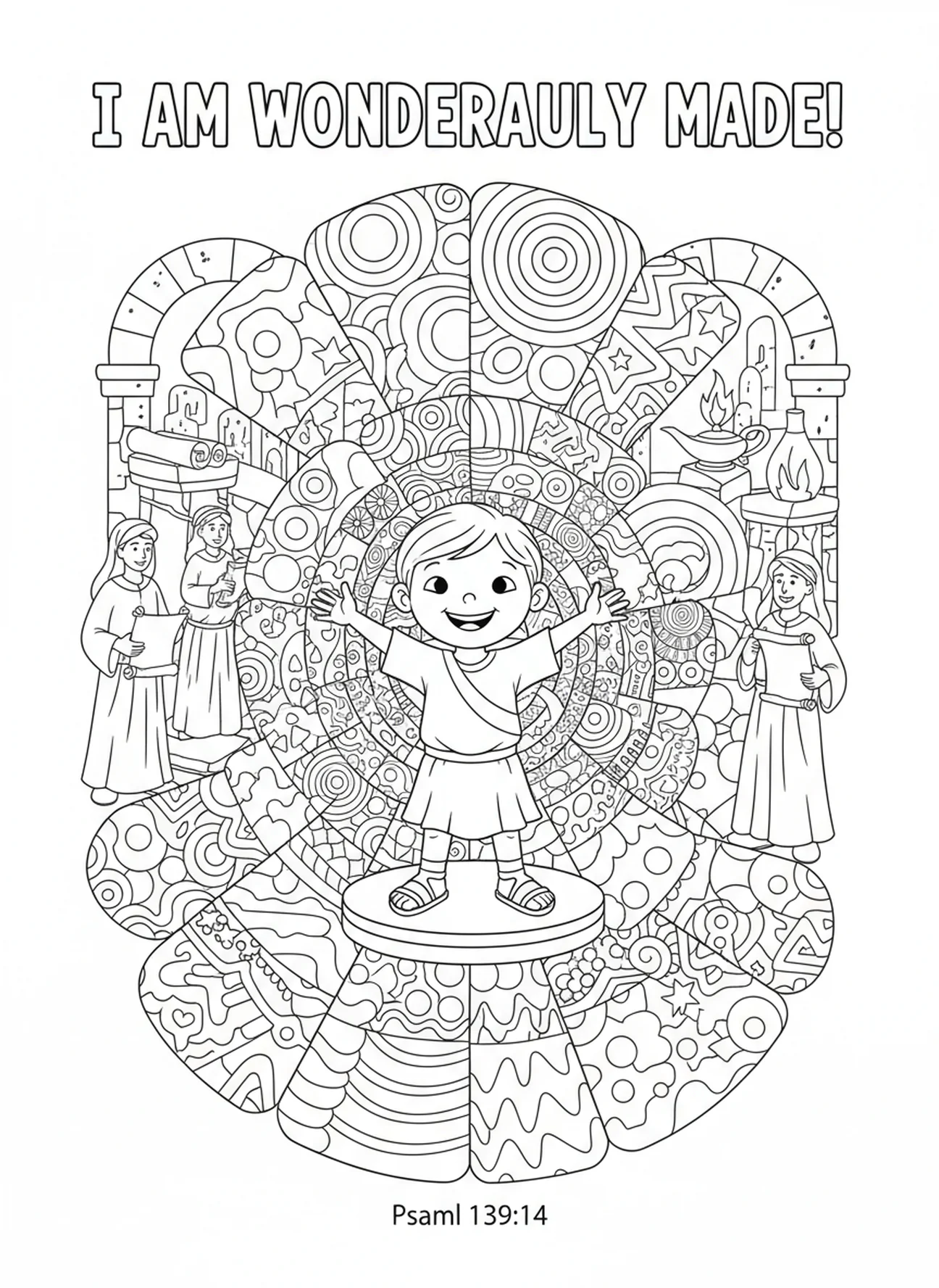 Niño rodeado de patrones coloridos, página para colorear Salmo 139 Maravillosamente Hecho para niños de Escuela Dominical de 5 a 12 años.