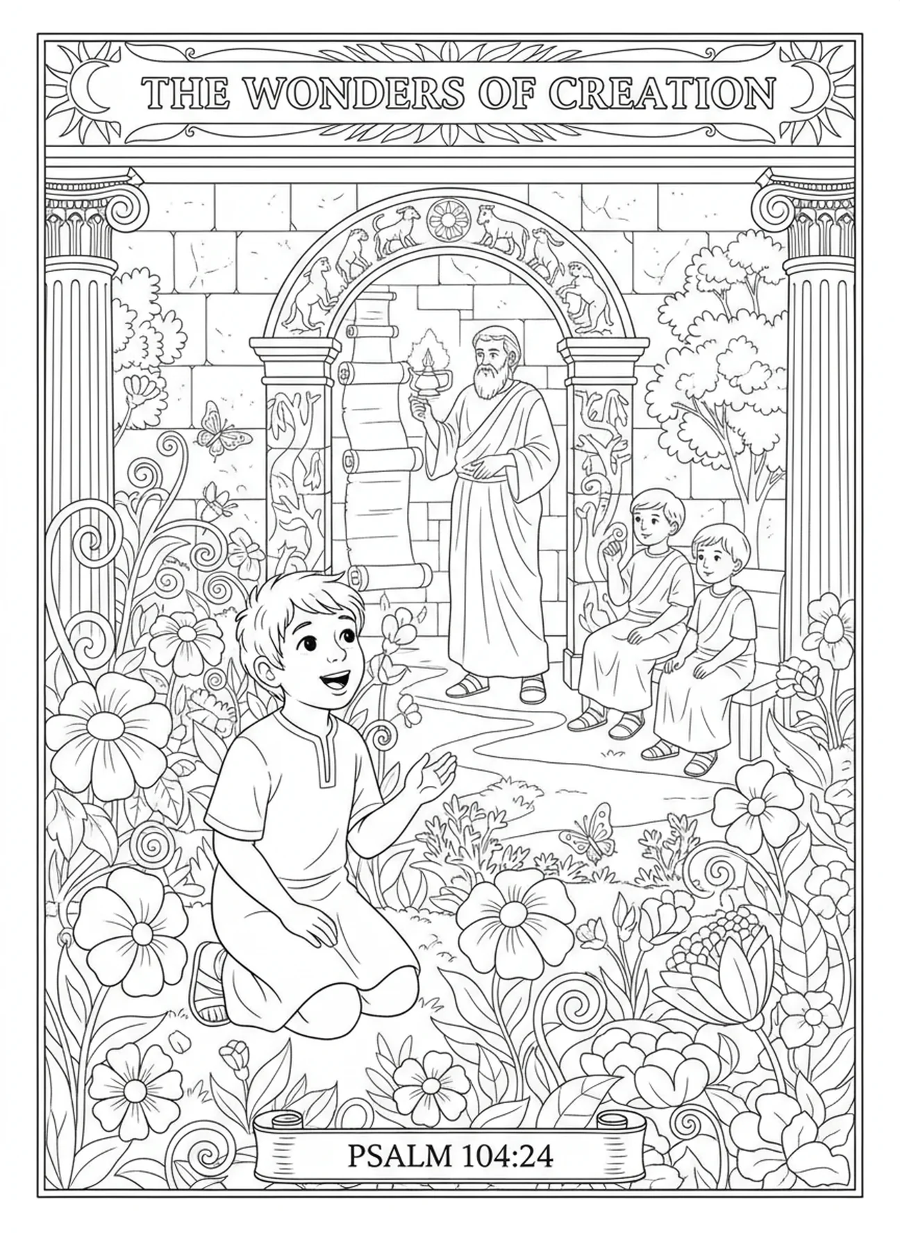 Niño rodeado de flores, página para colorear Salmo 139 Maravillosamente Hecho para niños de Escuela Dominical de 5 a 12 años.
