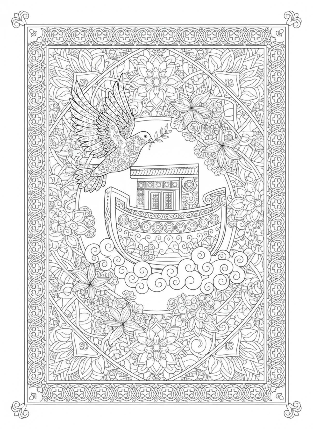 Pomba trazendo um ramo de oliveira em direção à arca, Salmo 19:1 página para colorir no estilo de journaling bíblico para adultos