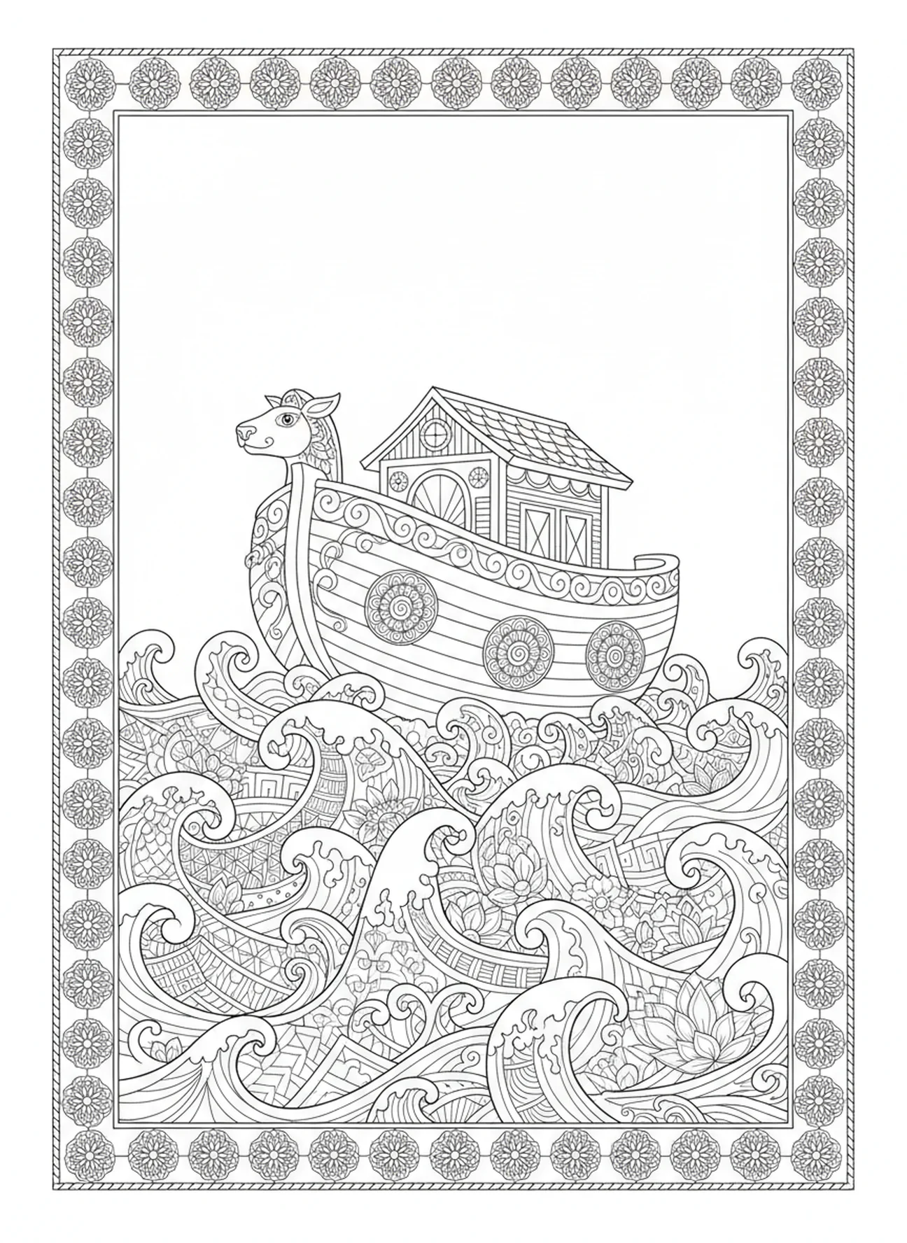 A arca flutuando em águas de inundação turbulentas, Salmo 19:1 página para colorir no estilo de journaling bíblico para adultos