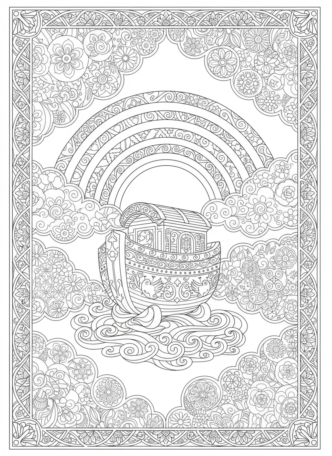 Arco-íris majestoso acima da arca, Salmo 19:1 página para colorir estilo journaling bíblico para adultos