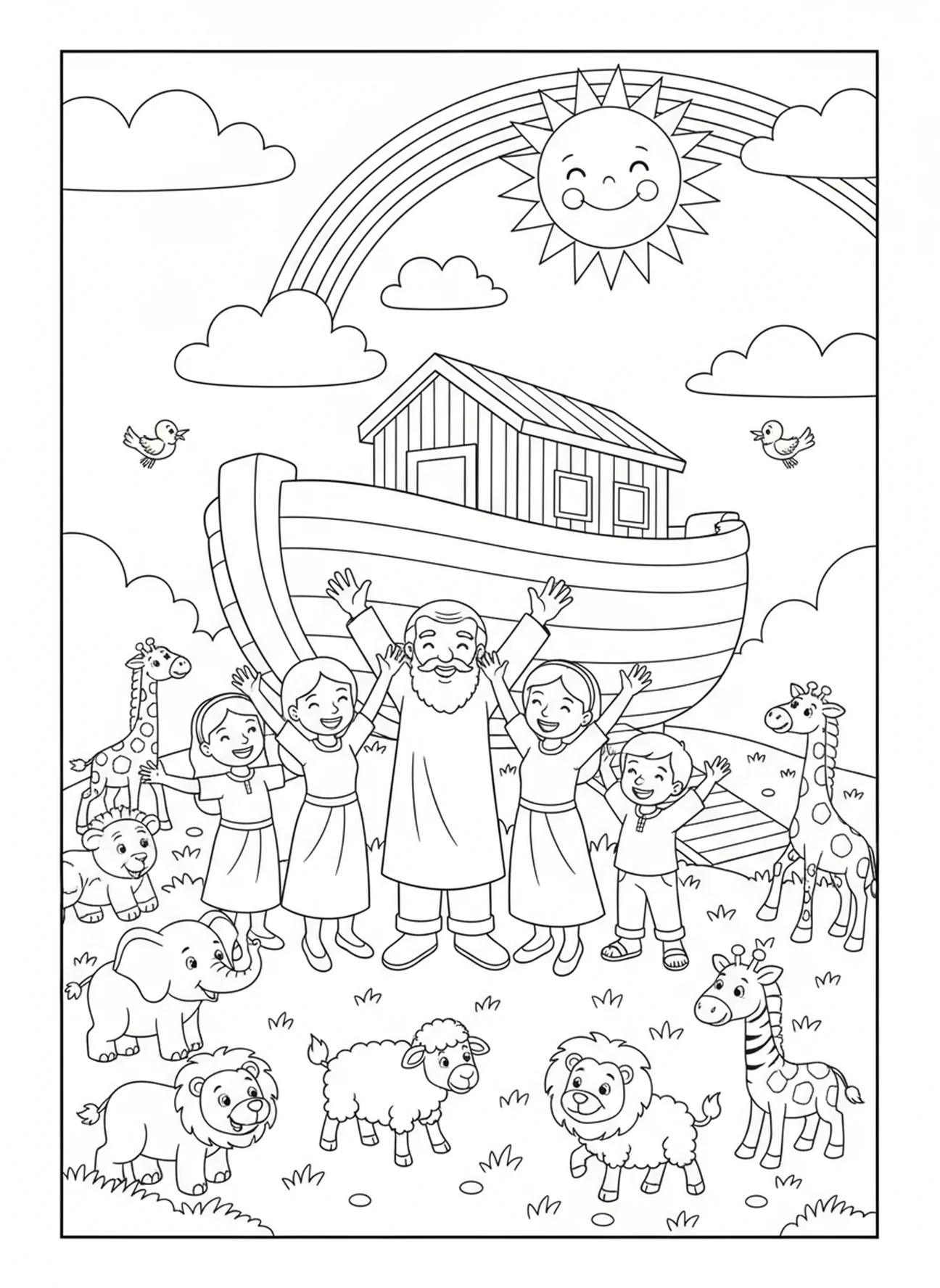 Noé e a família celebrando perto da arca, Salmo 19:1 página de colorir para crianças de 5 a 10 anos