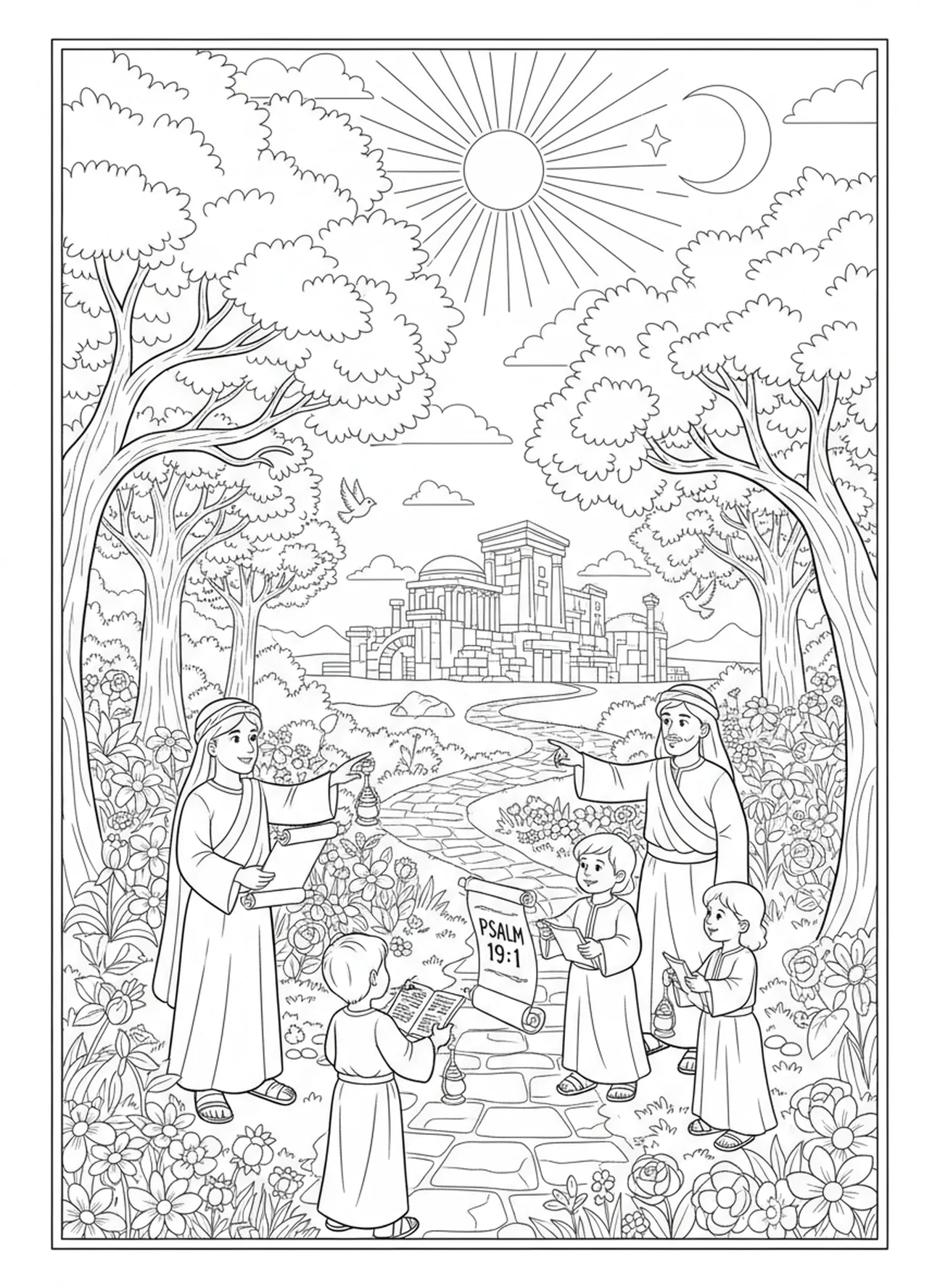 Paisagem verdejante com flores e árvores, página de colorir Salmo 19:1 para crianças da Escola Dominical de 5 a 12 anos.