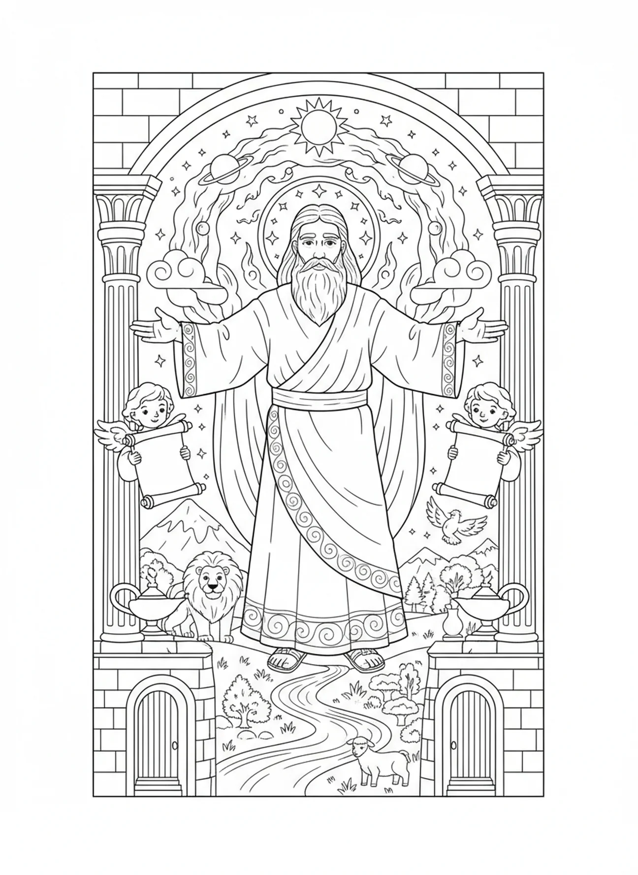 Figura majestosa representando Deus, página de colorir Salmo 19:1 para crianças da Escola Dominical de 5 a 12 anos.