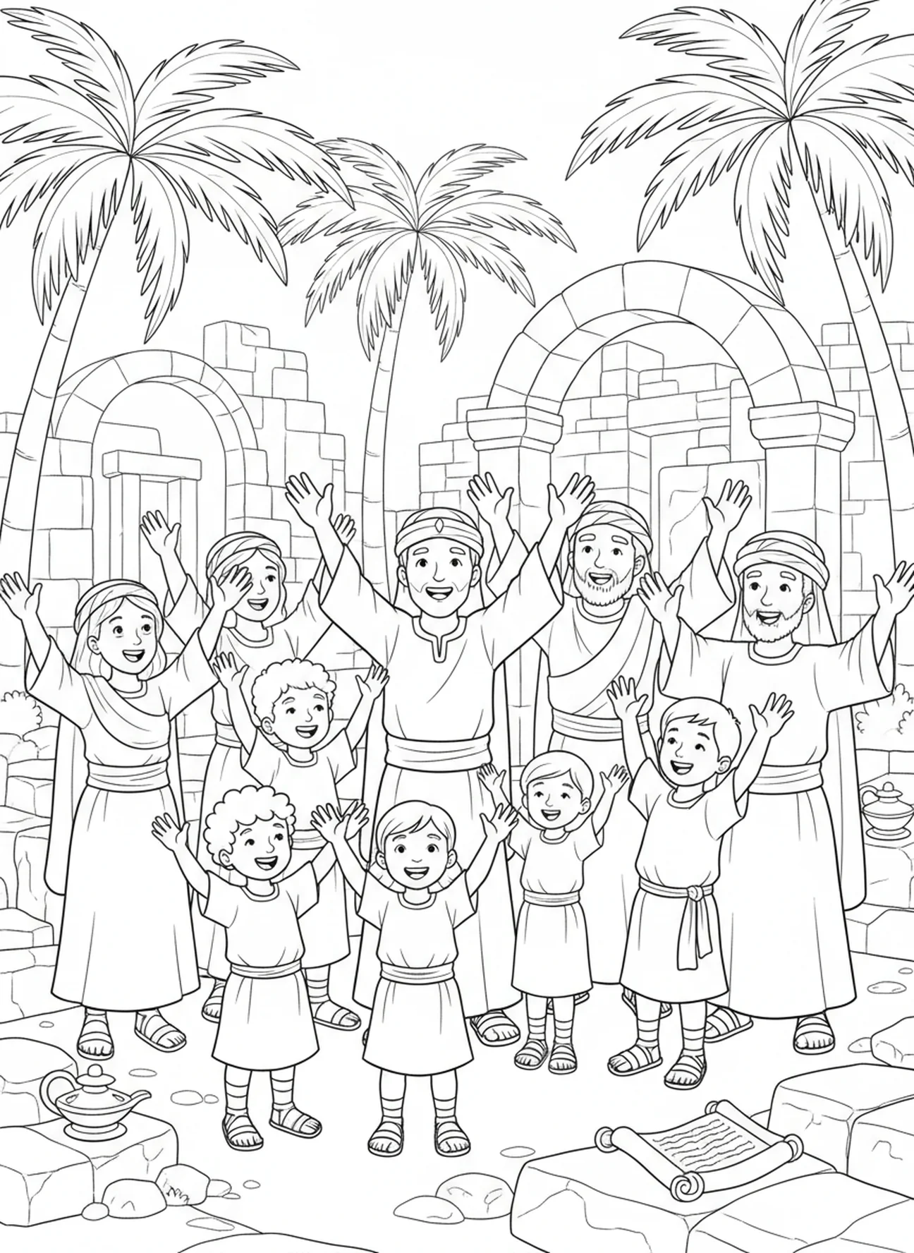 Crianças e adultos adorando, página para colorir Salmo 19:1 para a Escola Dominical de crianças de 5 a 12 anos.
