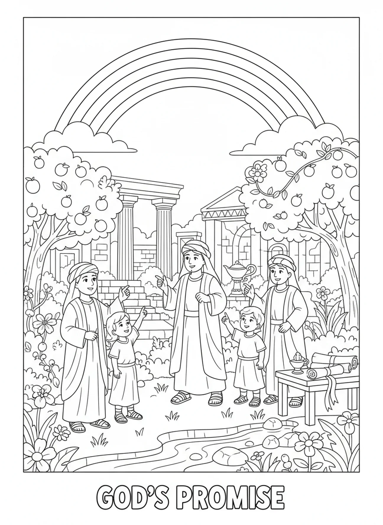 Famílias admirando o arco-íris no jardim, página de colorir Salmo 19:1 para crianças da Escola Dominical de 5 a 12 anos.
