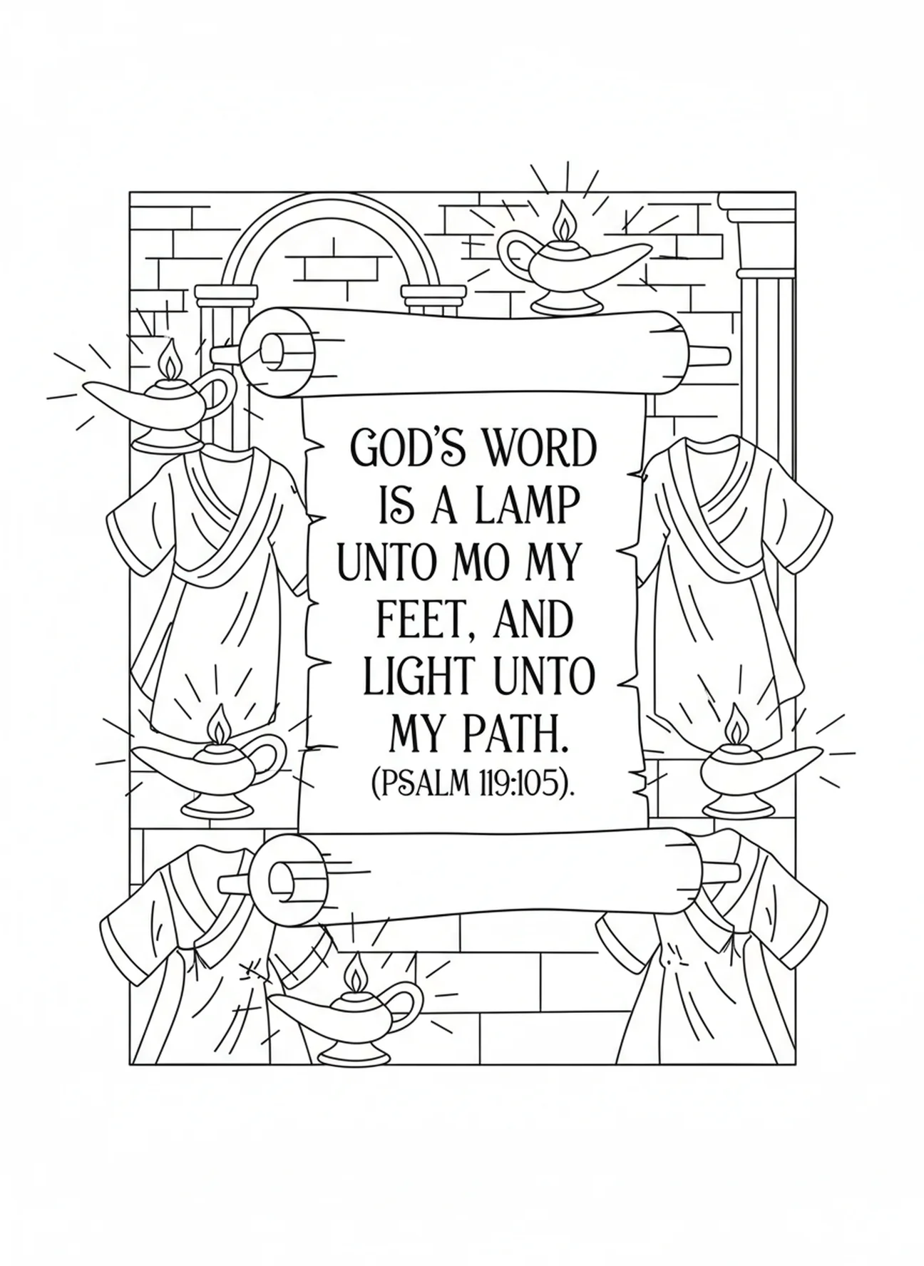 Pergaminho aberto com letras bonitas, página para colorir do Salmo 19:1 para crianças da Escola Dominical de 5 a 12 anos.