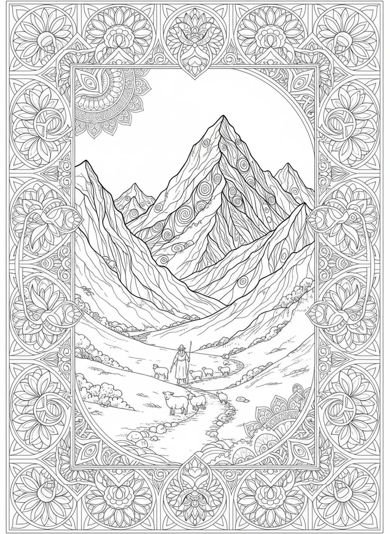 Vallée des ombres avec un berger, Psaume 23 1 Berger Veut page à colorier pour adultes style de journal biblique