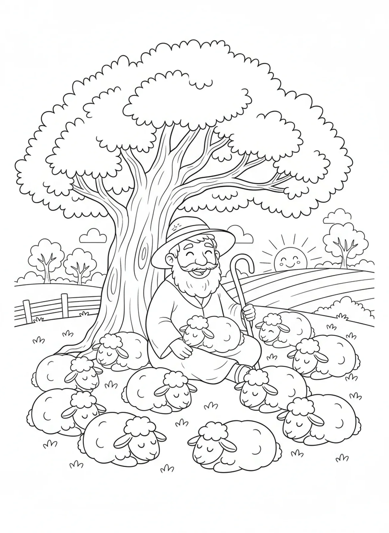 Hirte ruht unter einem Baum, Psalm 23 1 Hirte will färben Seite für Kinder im Alter von 5-10 Jahren.