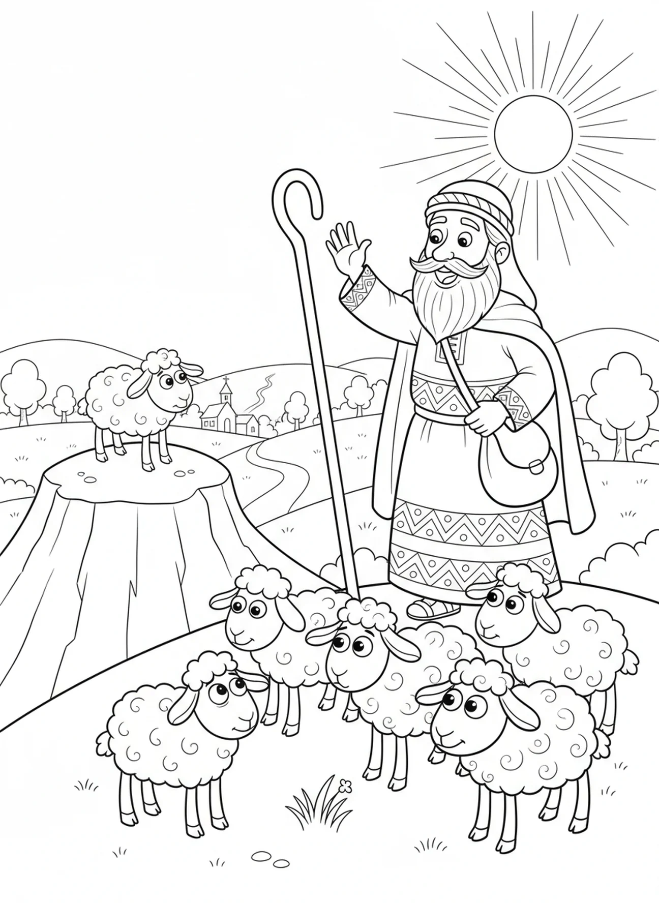 Hirte entdeckt verlorenes Schaf, Psalm 23 1 Hirte Willen Malvorlage für Kinder im Alter von 5-10 Jahren.