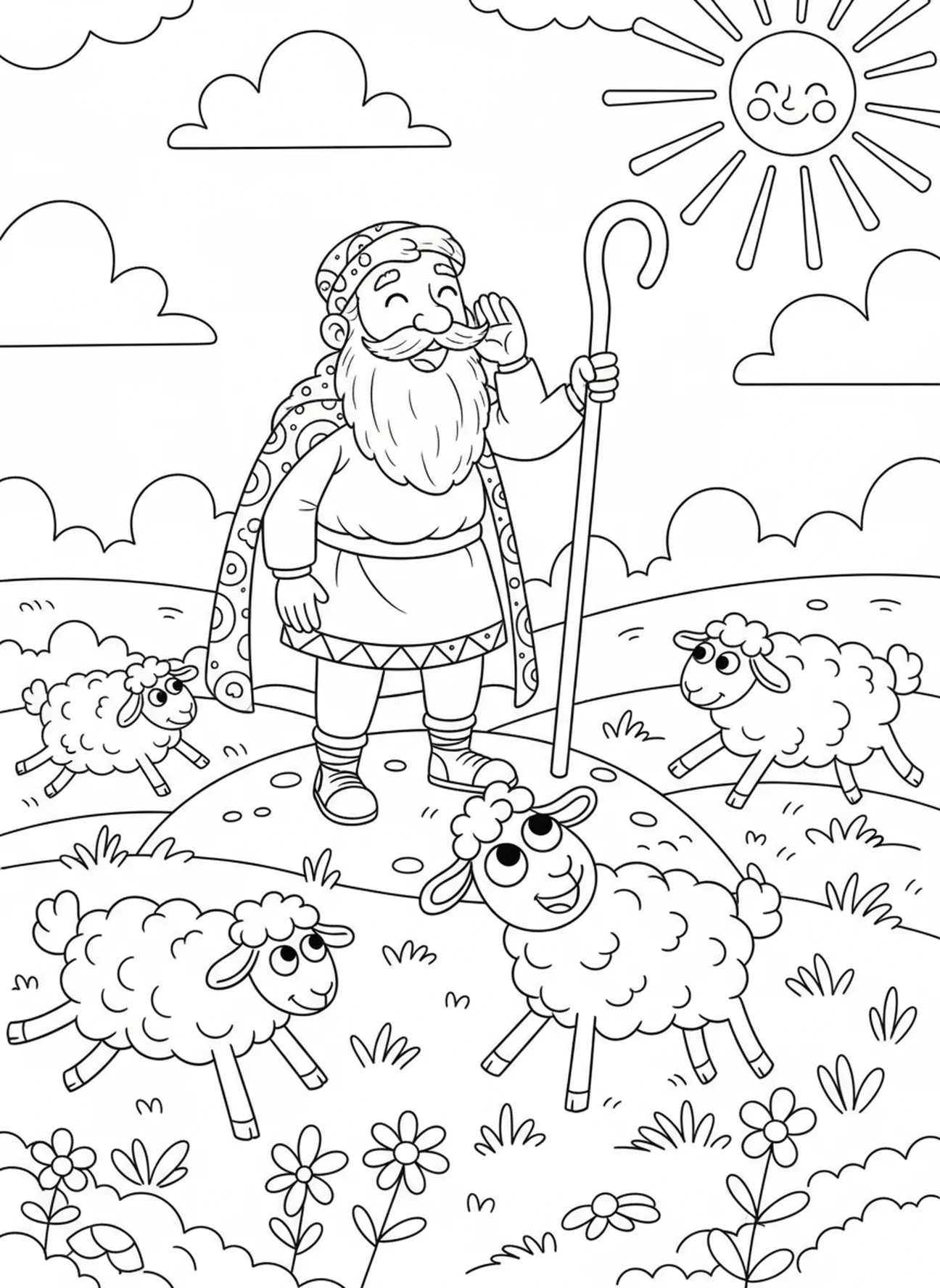 Fröhlicher Hirte ruft seine Schafe, Psalm 23 1 Hirte Willen Malvorlage für Kinder im Alter von 5-10 Jahren.