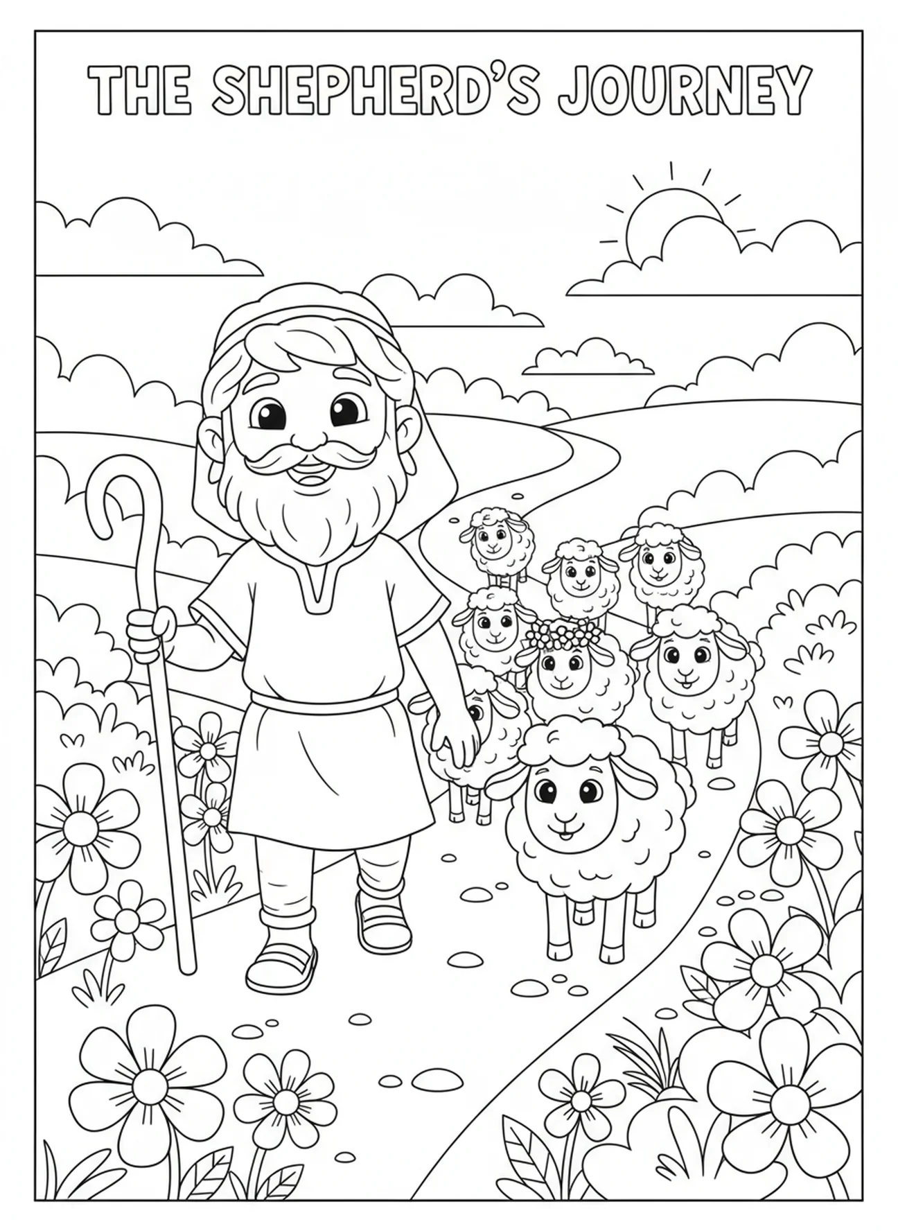 Der Hirte führt seine Schafherde, Psalm 23, 1. Hirte Wünscht Ausmalbild für Kinder im Alter von 5-10 Jahren.