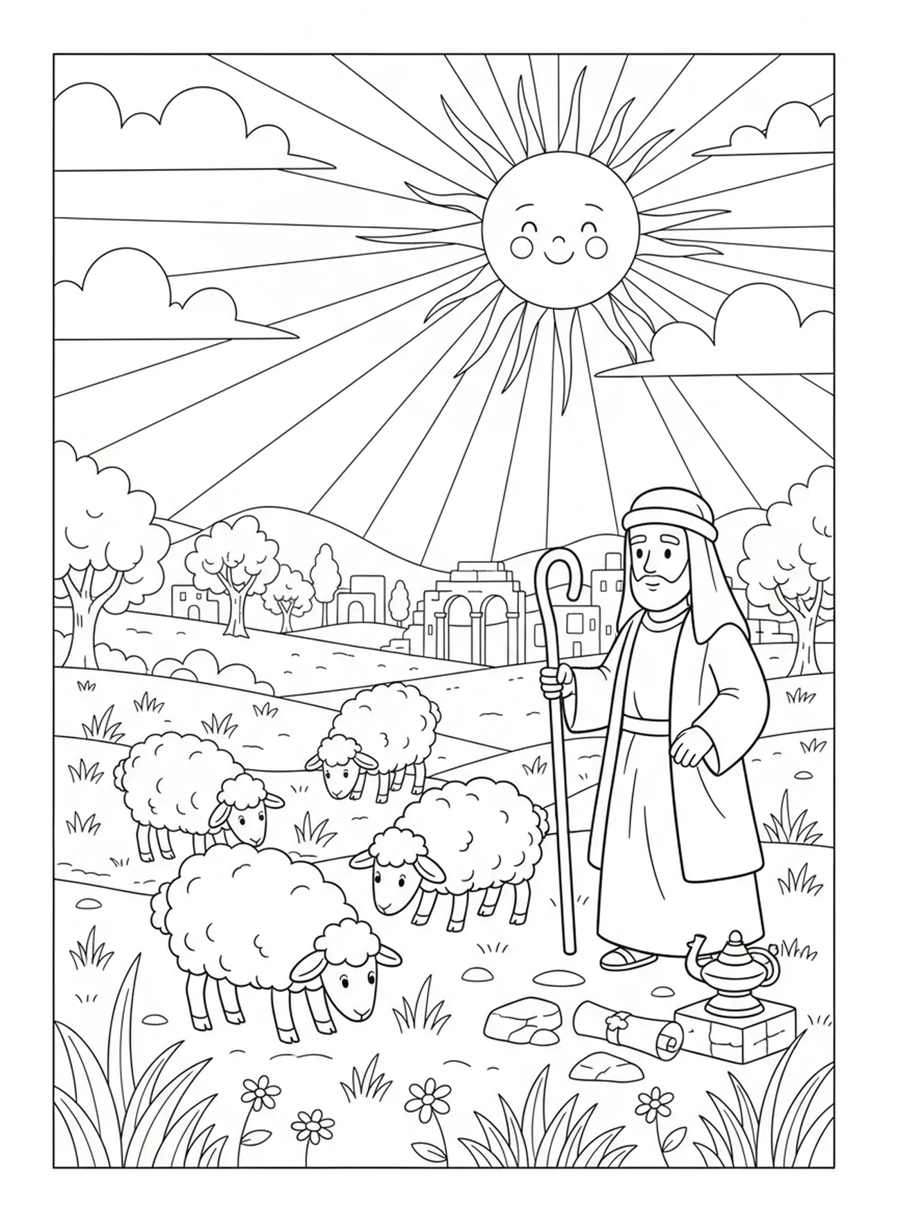 Ovelhas pastando em um campo verde, página para colorir do Salmo 23:1 O Senhor é o meu Pastor para crianças da Escola Dominical de 5 a 12 anos.