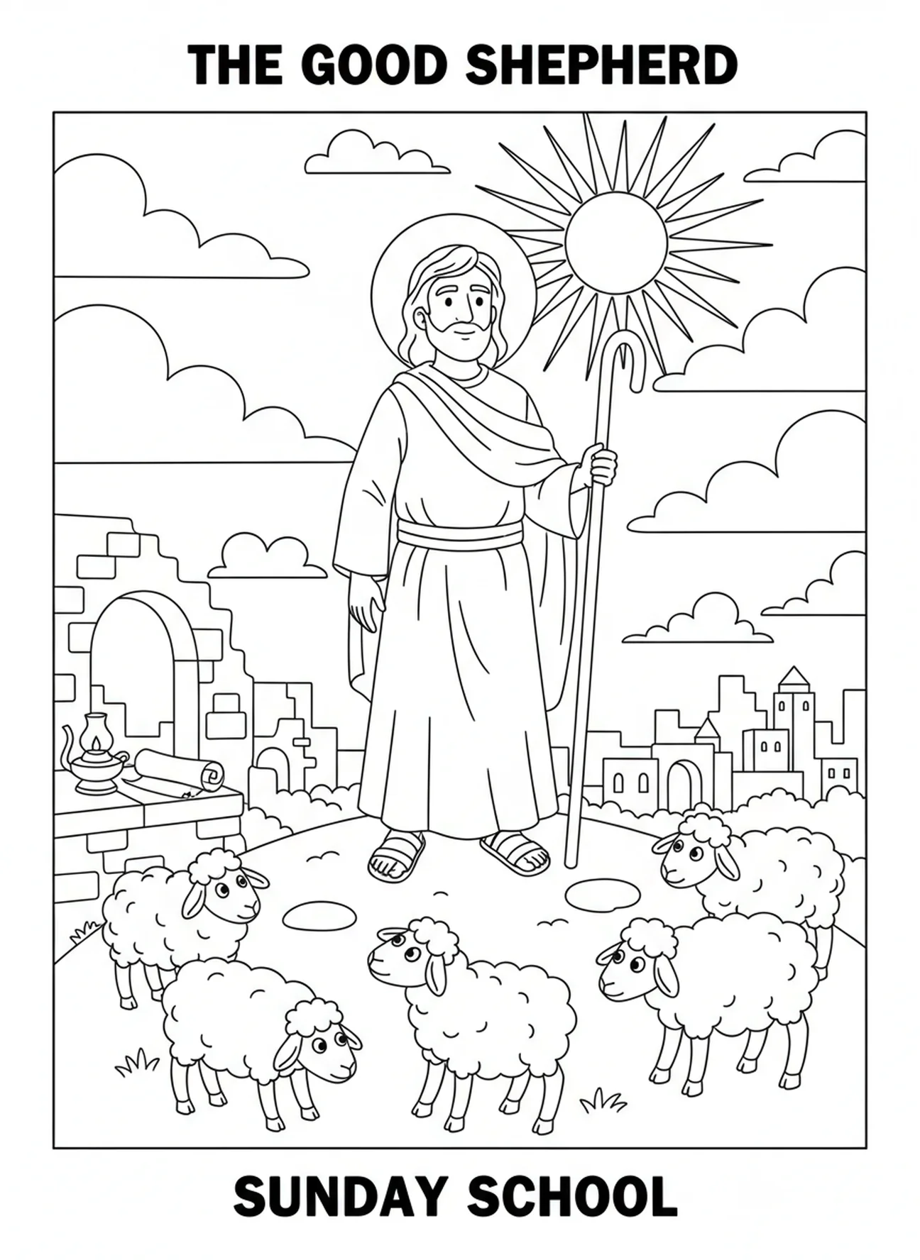 Pastor no topo da colina com céu claro, Salmo 23:1 Pastor Querer página de colorir para crianças da Escola Dominical de 5 a 12 anos.