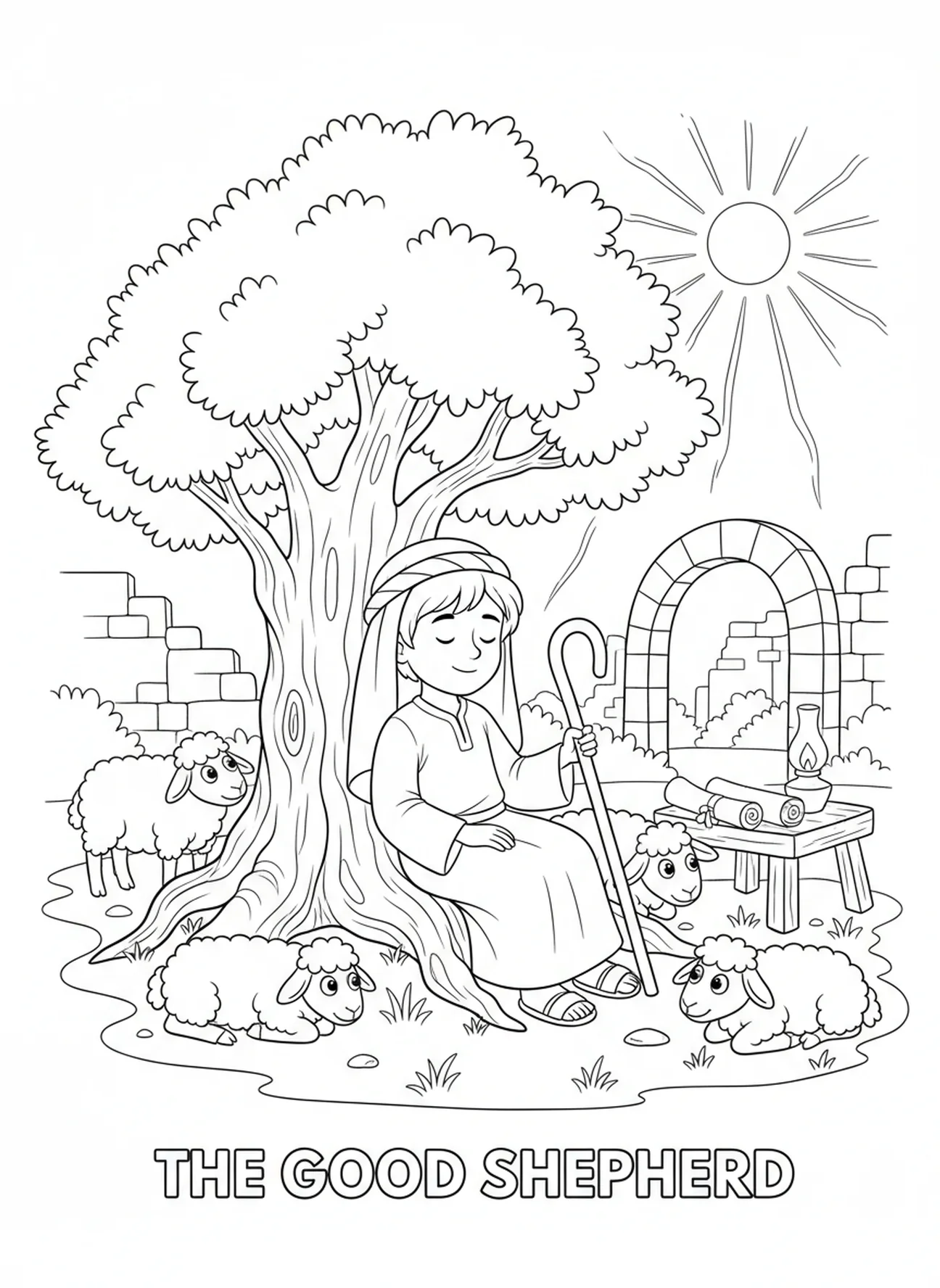 Pastor descansando sob a árvore, Salmo 23:1 Pastor Quero página para colorir para crianças da Escola Dominical de 5 a 12 anos.
