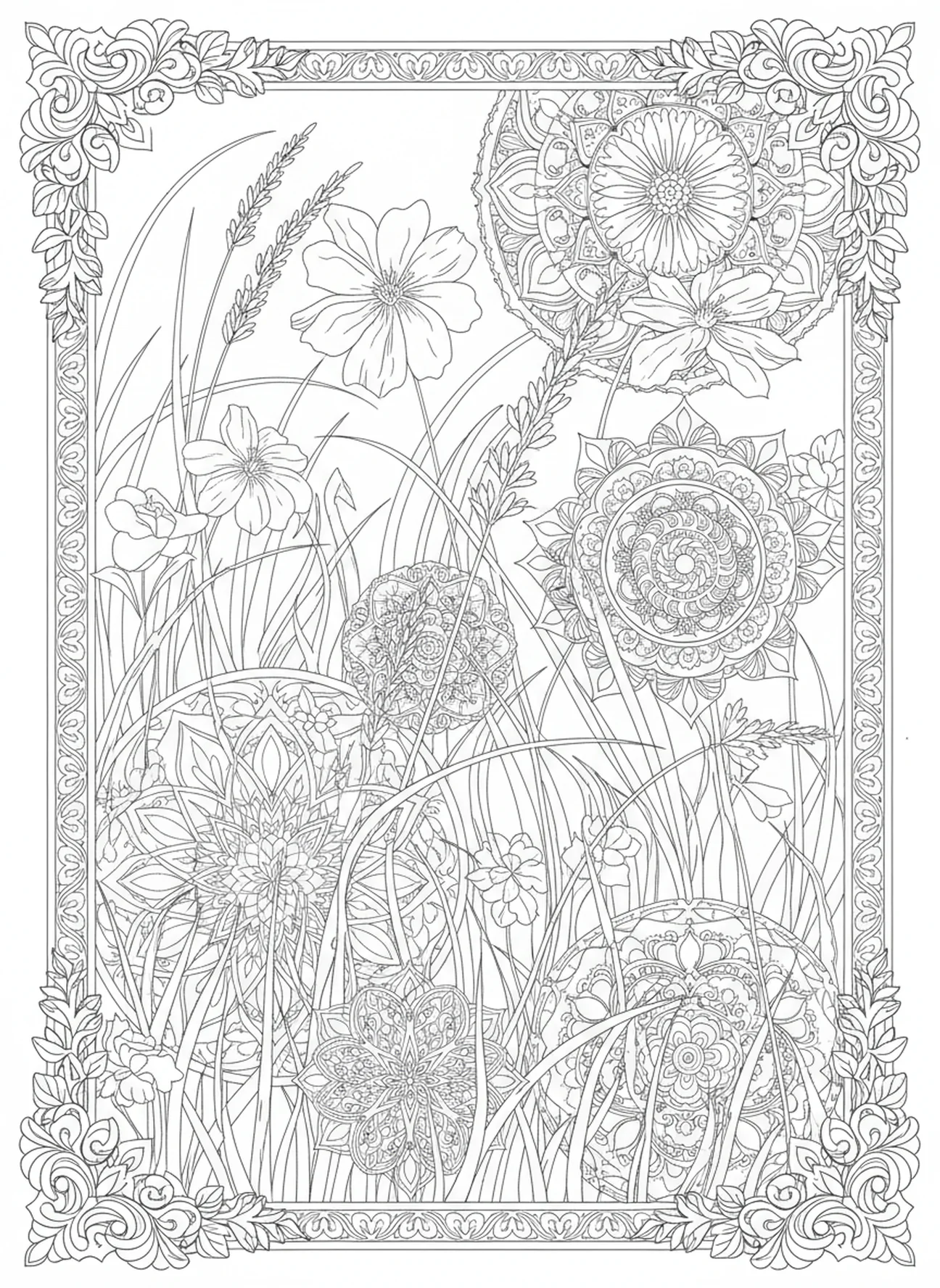 Douce brise sur les champs, Psaume 23:2 page à colorier pour adultes dans le style du journal biblique.