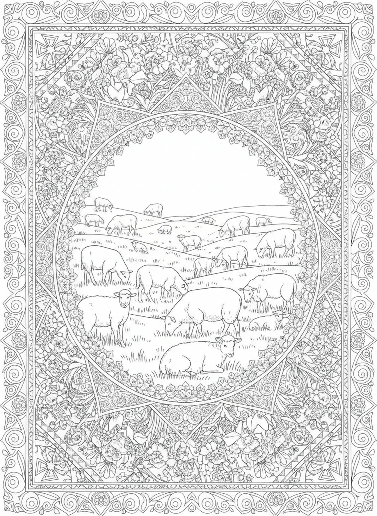 Prairies verdoyantes, Psaume 23:2 Page à colorier Prairies Vertes pour adultes dans un style de journal biblique.