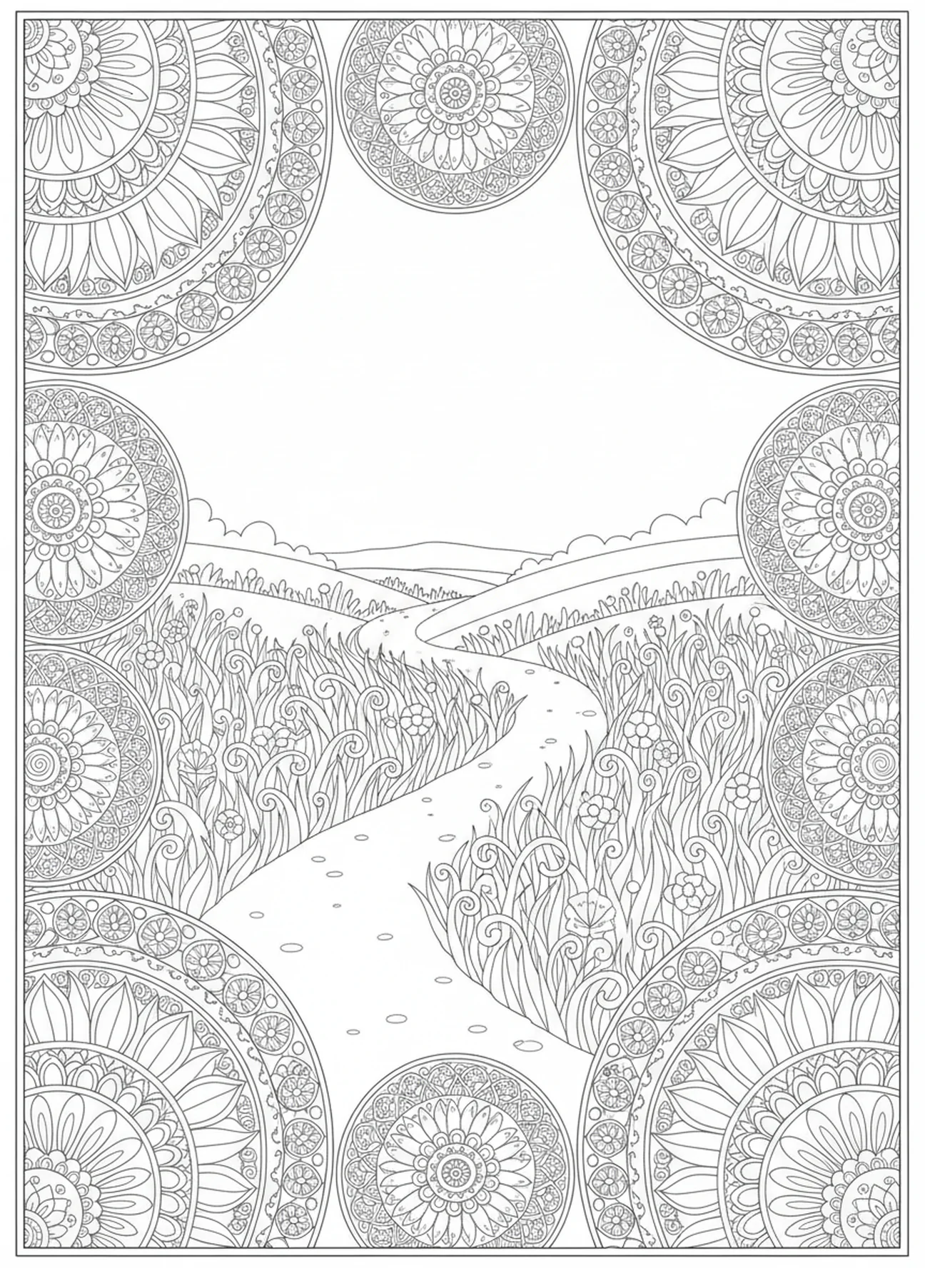Sentier paisible, Psaume 23:2 Page à colorier des verts pâturages pour adultes dans un style de journal biblique.