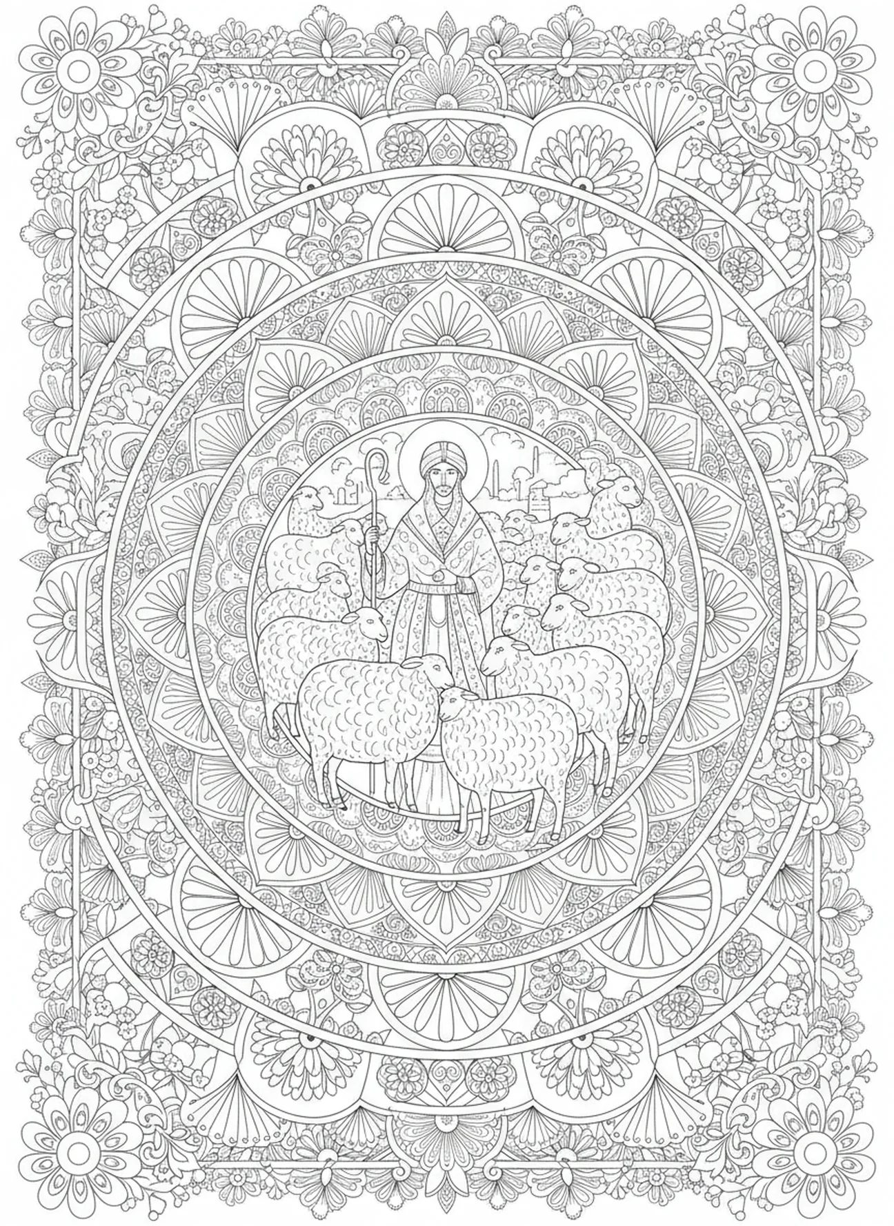 Troupeau de moutons, Psaume 23 2 Page à colorier des verts pâturages pour adultes dans le style du journal biblique.