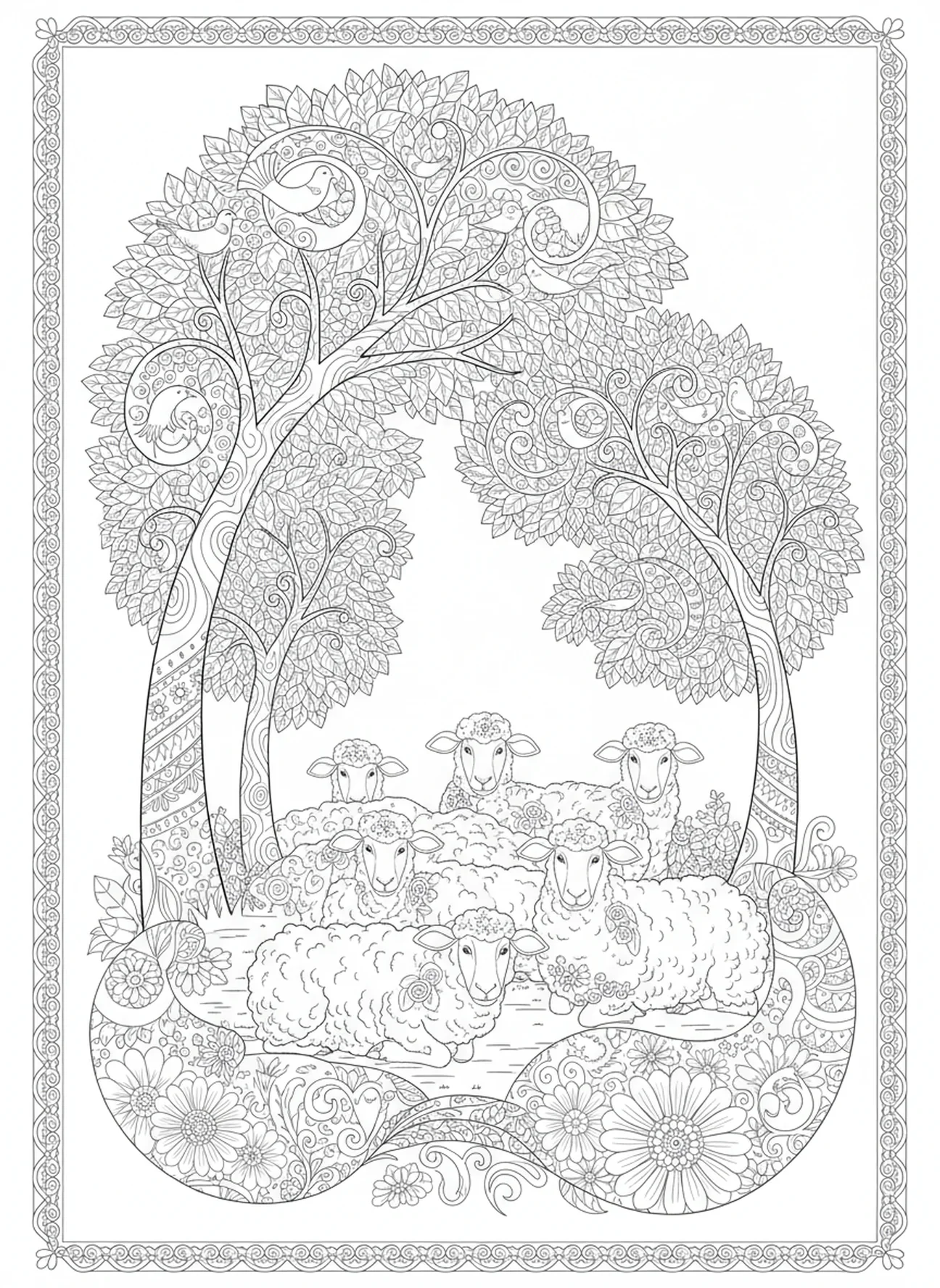 Arbres protecteurs, page à colorier Psaume 23 2 Pâturages verts pour adultes dans le style du journal biblique.