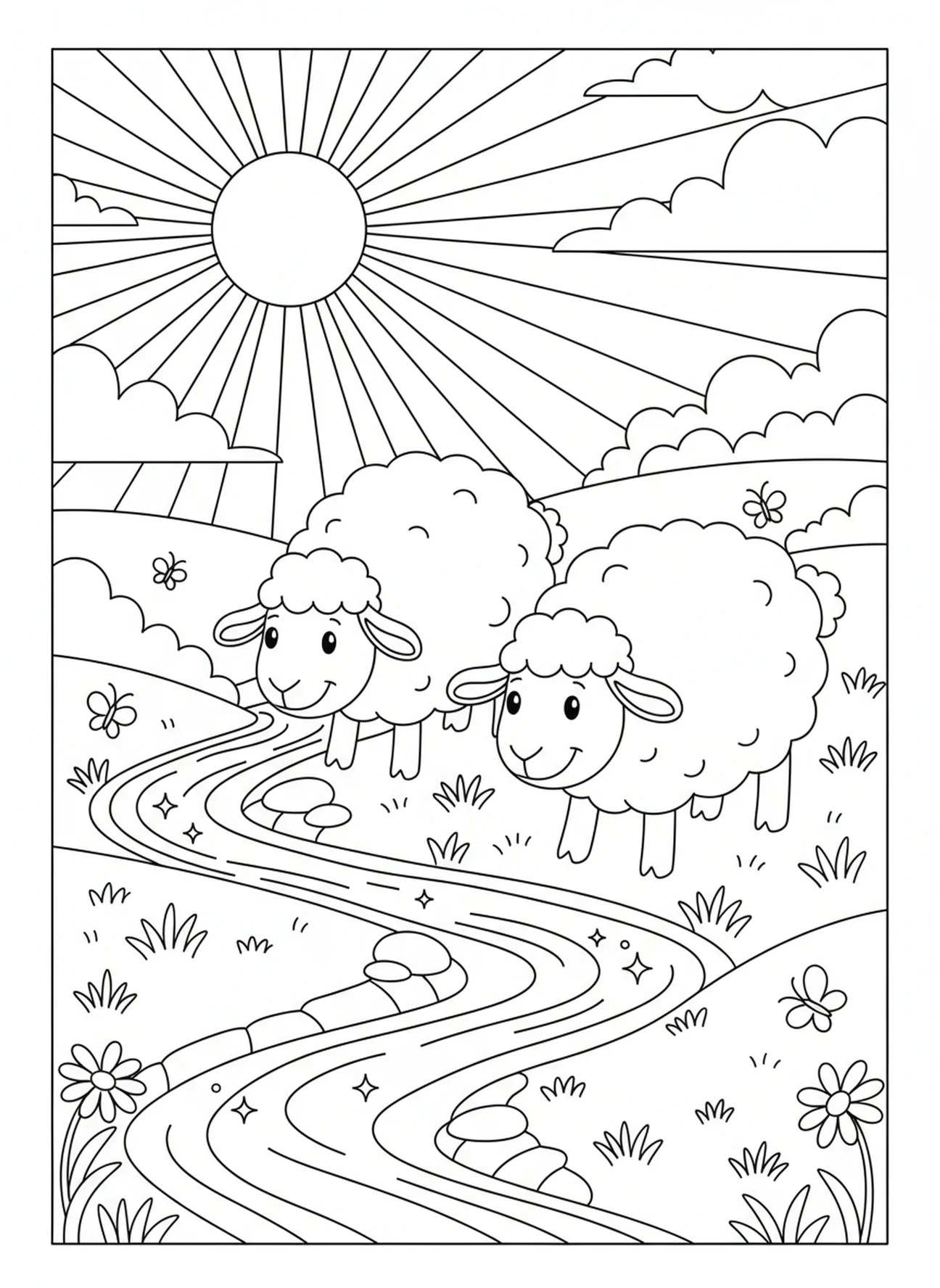 Speelse schapen die uit een stroom drinken, Psalm 23:2 Kleurplaat Groene Weiden voor kinderen van 5-10 jaar.