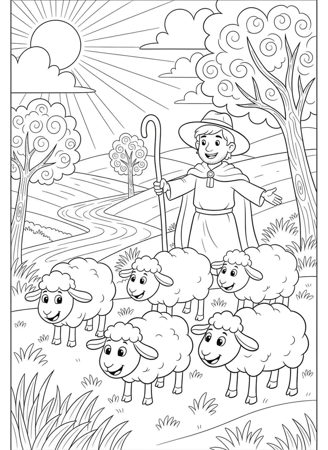 Blije schapen die grazen in de wei, Psalm 23:2 Kleurplaat voor kinderen van 5-10 jaar.