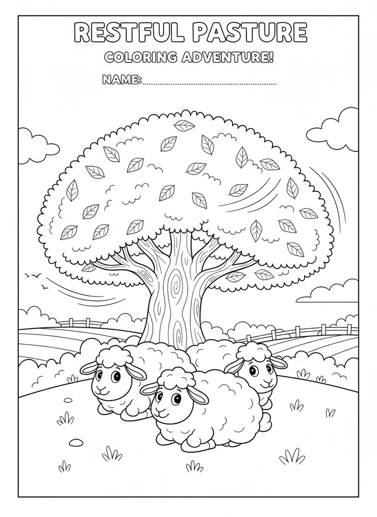 Zachte schapen die onder een boom rusten, Psalm 23:2 Kleurplaat voor kinderen van 5-10 jaar.