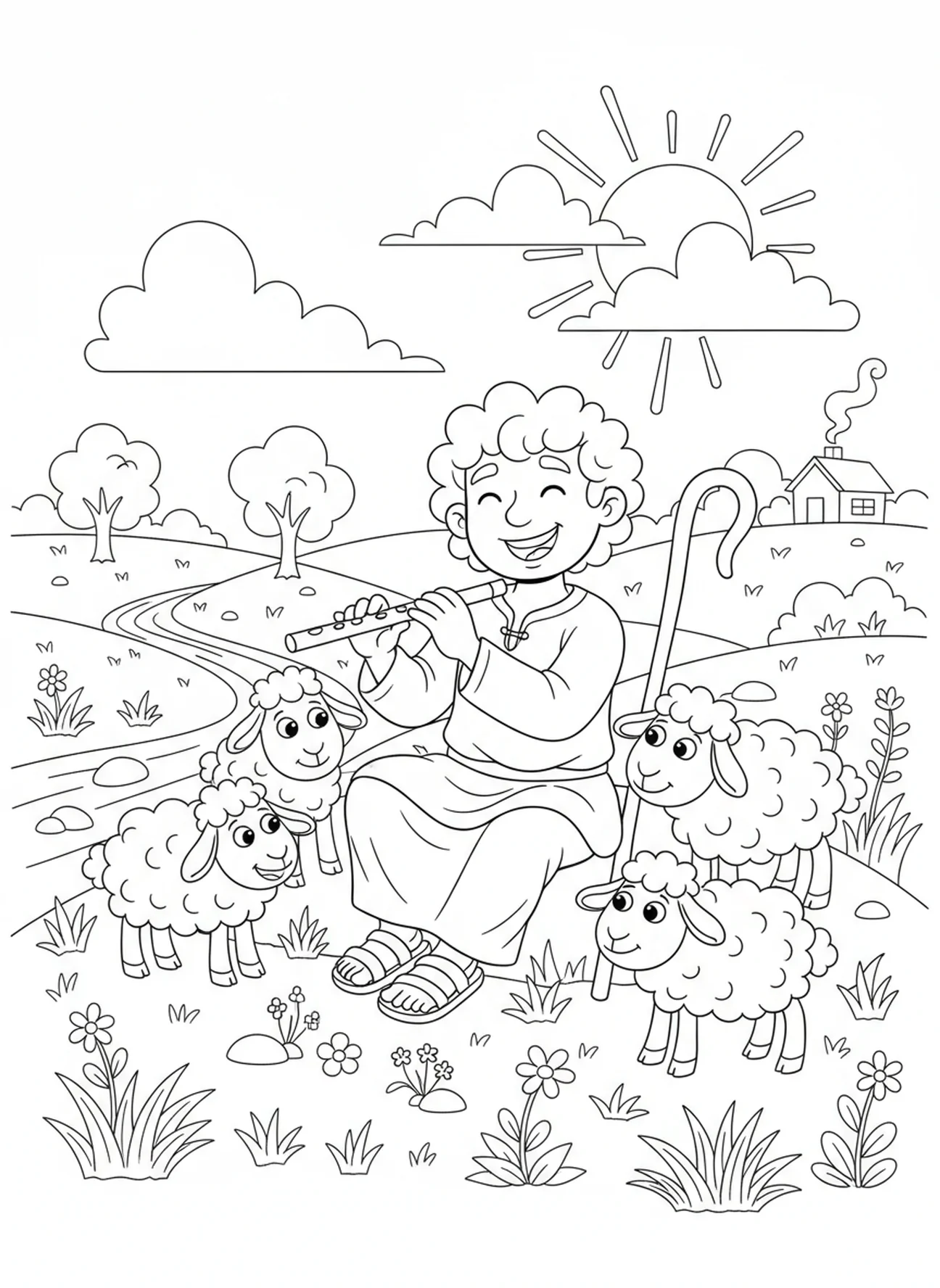 Vrolijke herder die fluit speelt met schapen, Psalm 23:2 Kleurplaat van Groene Weiden voor kinderen van 5-10 jaar.