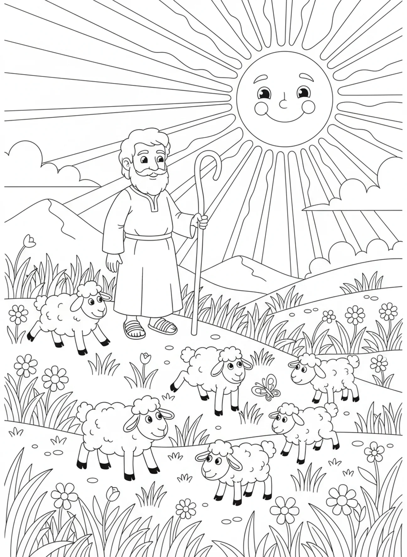 Zorgzame herder die op schapen let, Psalm 23:2 Kleurplaat voor kinderen van 5-10 jaar.