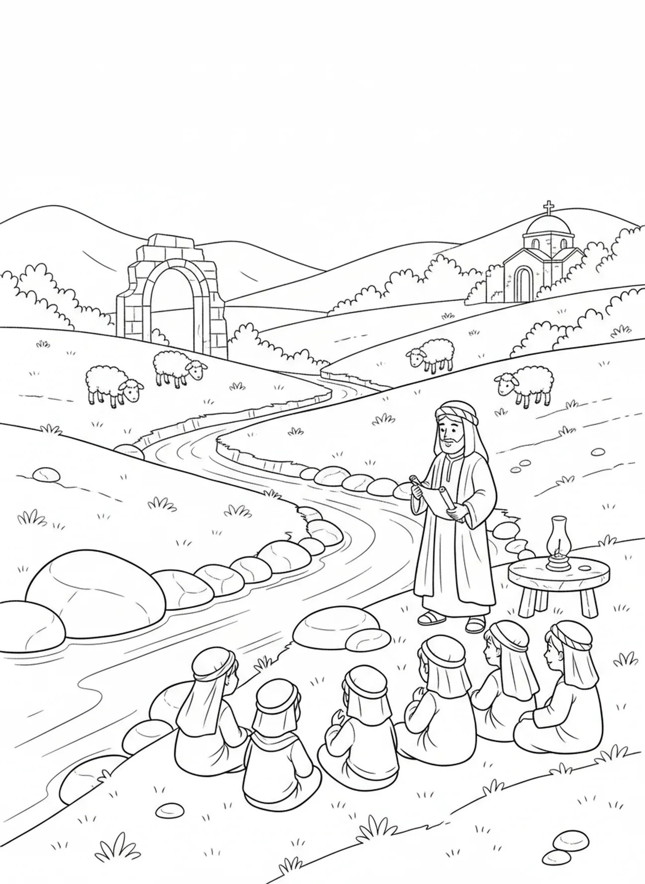 Rios suaves, Salmo 23:2 Página para colorir de Pastos Verdejantes para crianças da Escola Dominical de 5 a 12 anos.
