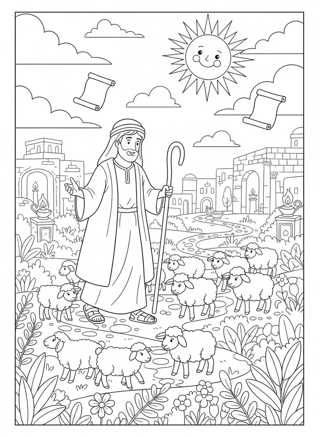 Pastor guiando ovelhas, Salmo 23:2 Página para colorir sobre Pastagens Verdejantes para crianças da Escola Dominical de 5 a 12 anos.