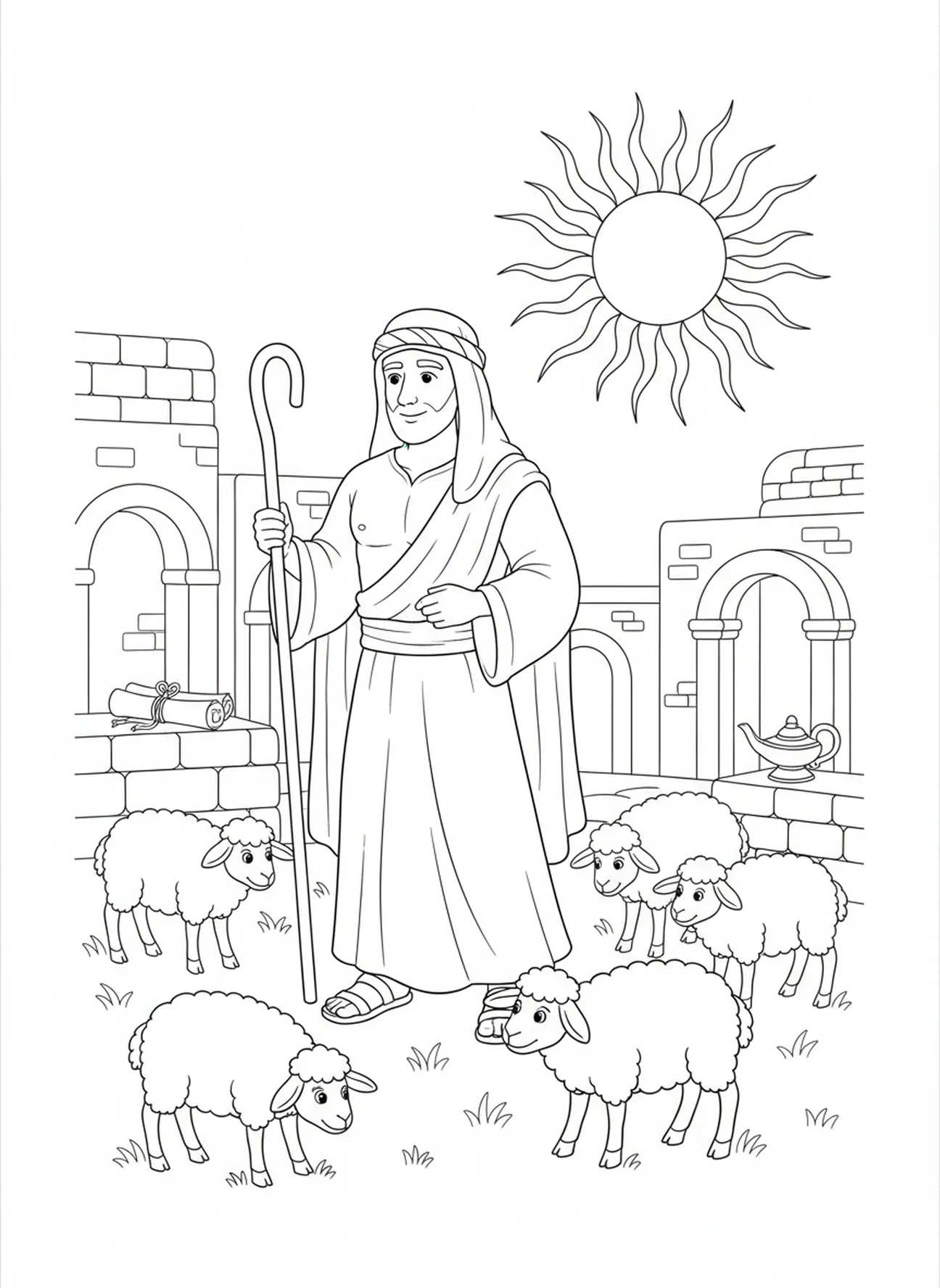 Pastor orgulhoso, Salmo 23:2 Página para colorir sobre Pastos Verdejantes para crianças da Escola Dominical de 5 a 12 anos.