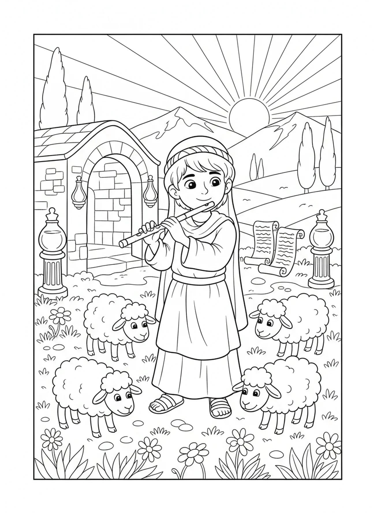 Pastor tocando flauta, Salmo 23:2 Página para colorir sobre Pastos Verdejantes para crianças da Escola Dominical de 5 a 12 anos.