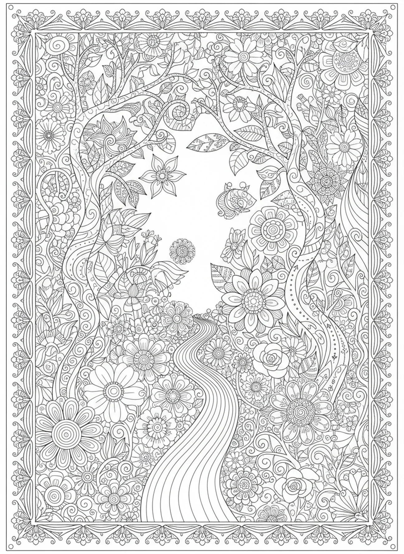 Sentier sinueux, Psaume 23:3 Restaure mon âme page à colorier pour adultes style de journal biblique.