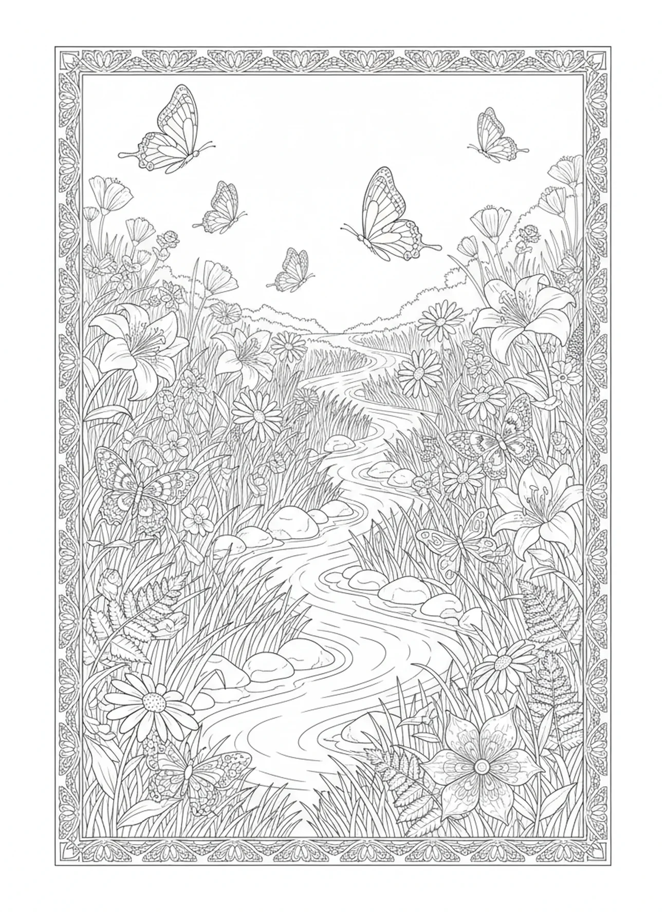 Prairie avec ruisseau, Psaume 23:3 Page à colorier pour adultes dans le style du journal biblique.