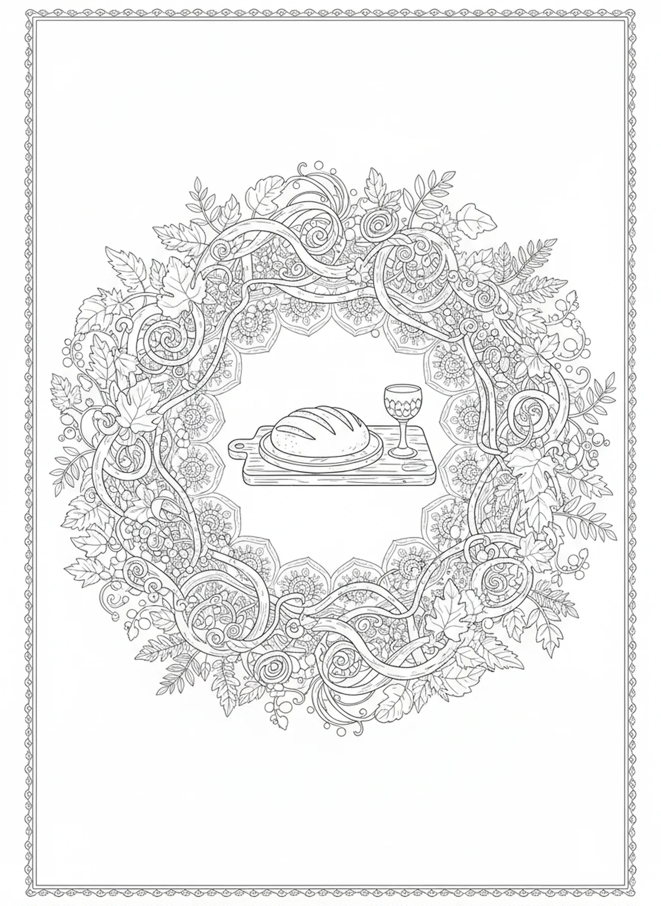 Table dressée avec pain et coupe, Psaume 23:3 Restaure l'âme page à colorier pour adultes dans le style du journal biblique.