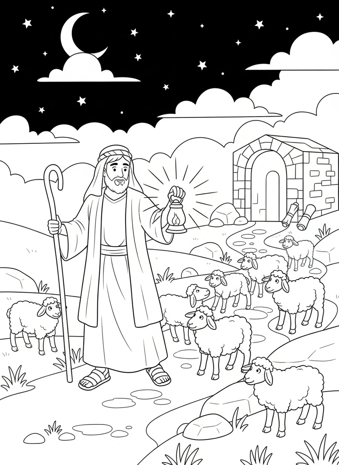 Pastor con lámpara de aceite, Salmo 23:3 Restaura el alma, página para colorear para niños de la Escuela Dominical de 5 a 12 años.